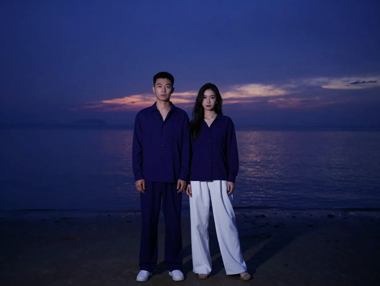 Couple in moody twilight blue hour portrait on dark beach