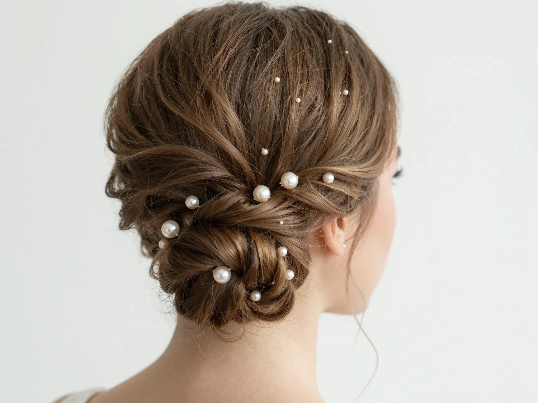 Polished textured low bun with pearl pins and face framing pieces