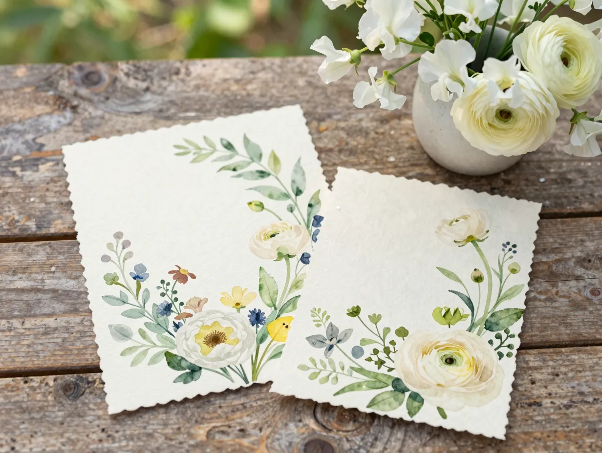 Soft watercolor floral invitation with organic garden arrangement