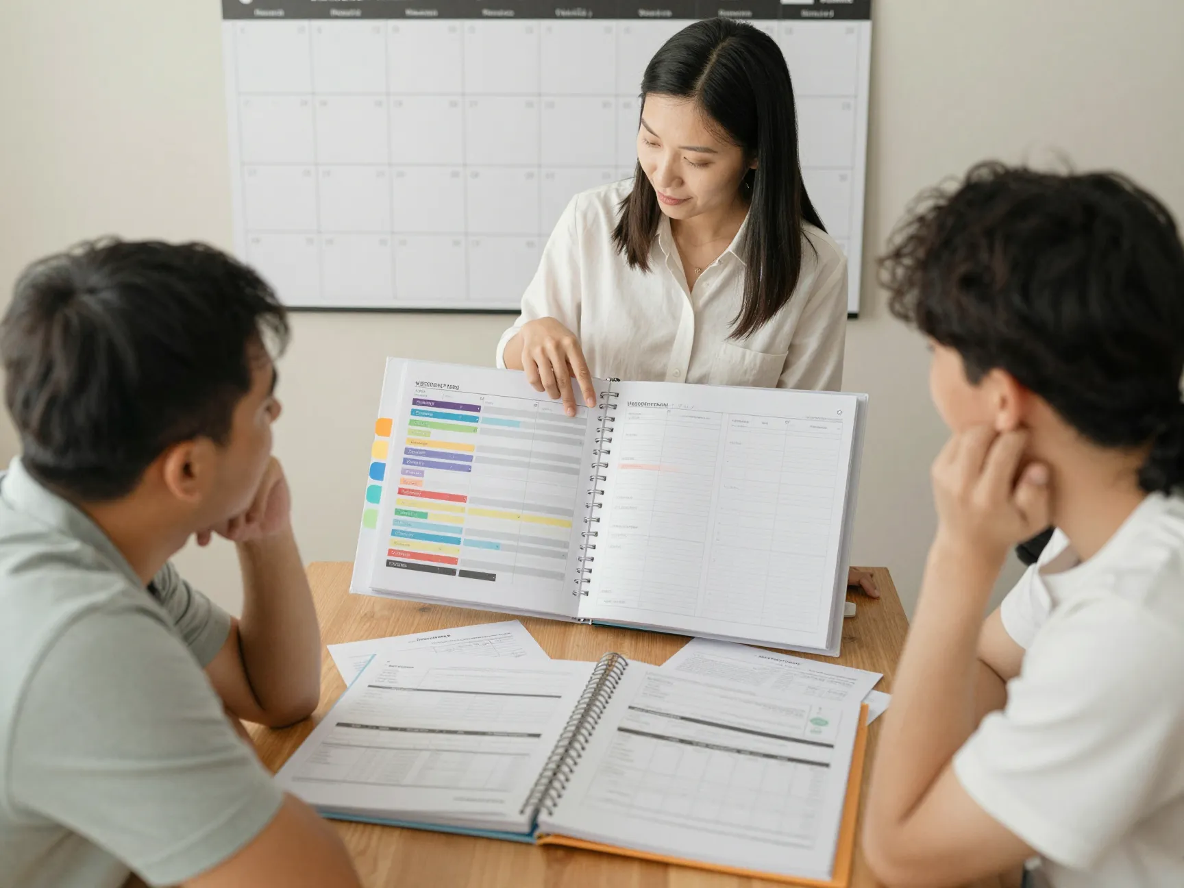 Wedding planner reviewing detailed timeline binder with couple on long calendar
