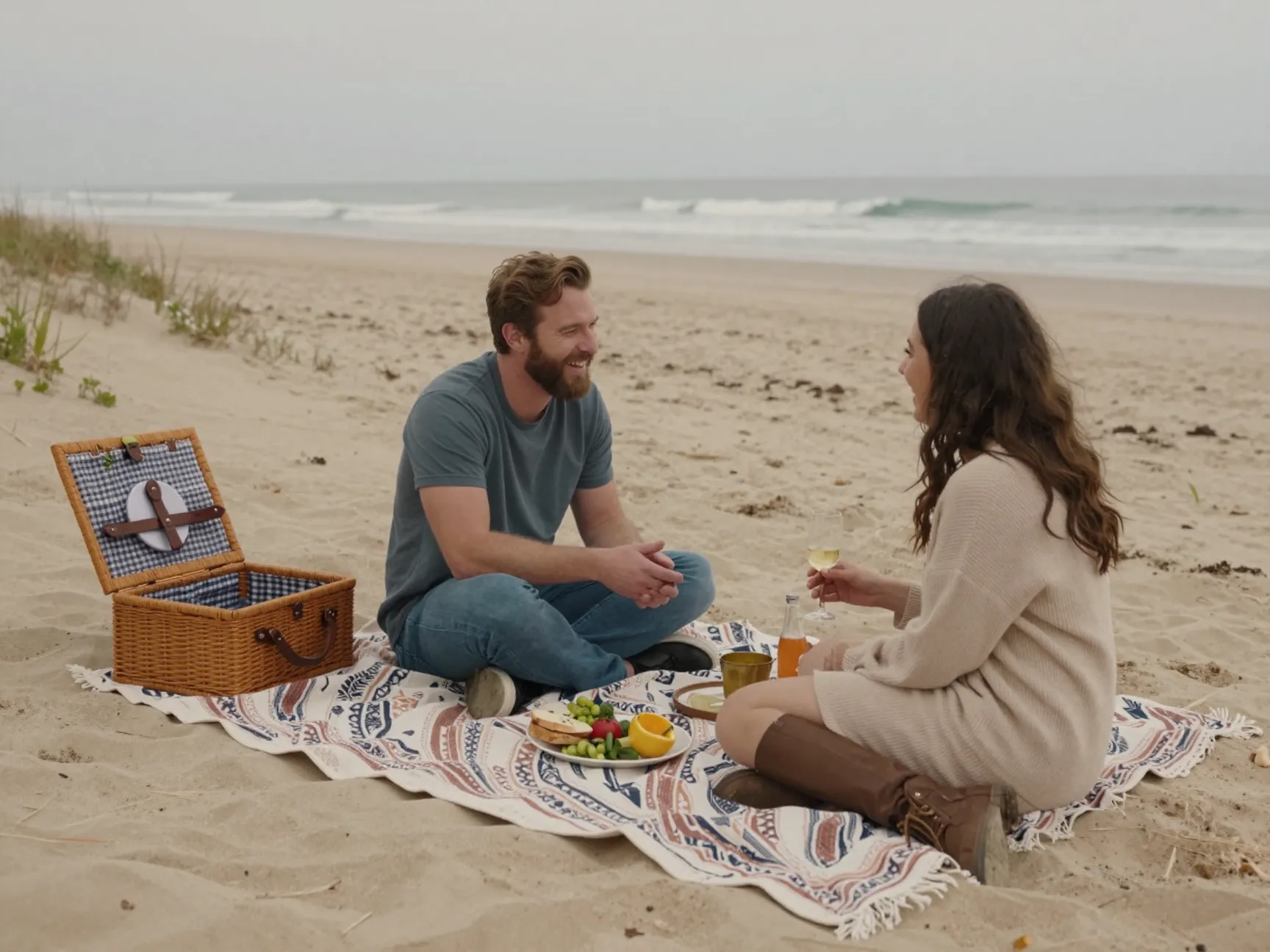 Couple sharing picnic on blanket at beach during lifestyle shoot