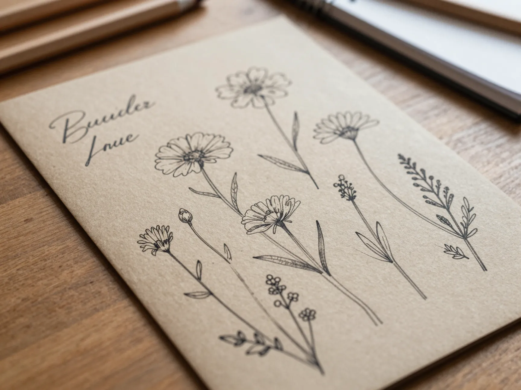 Hand drawn wildflower invitation on kraft paper with sketched lines