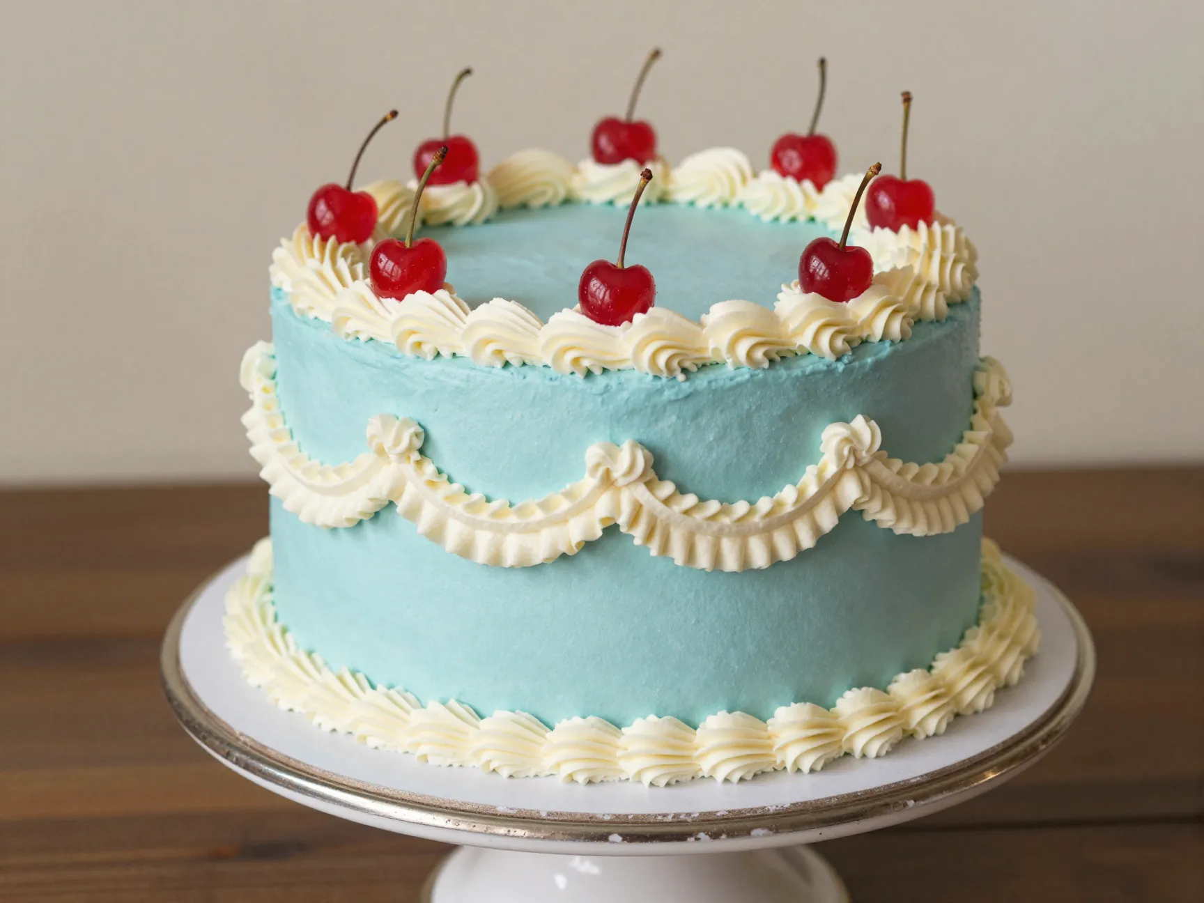 Vintage lambeth style baby blue cake with maraschino cherries