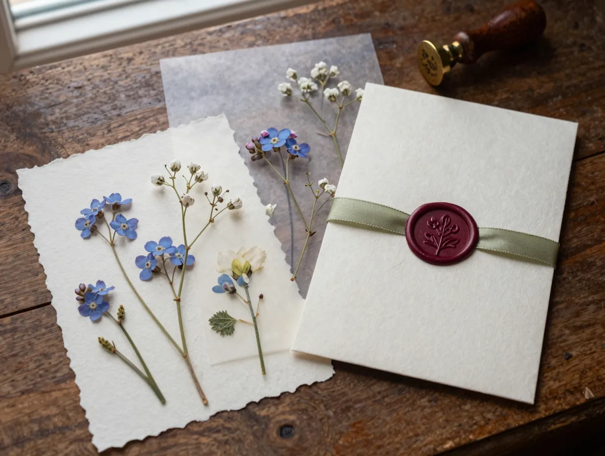Pressed flower vellum invitation with deckled edges and wax seal