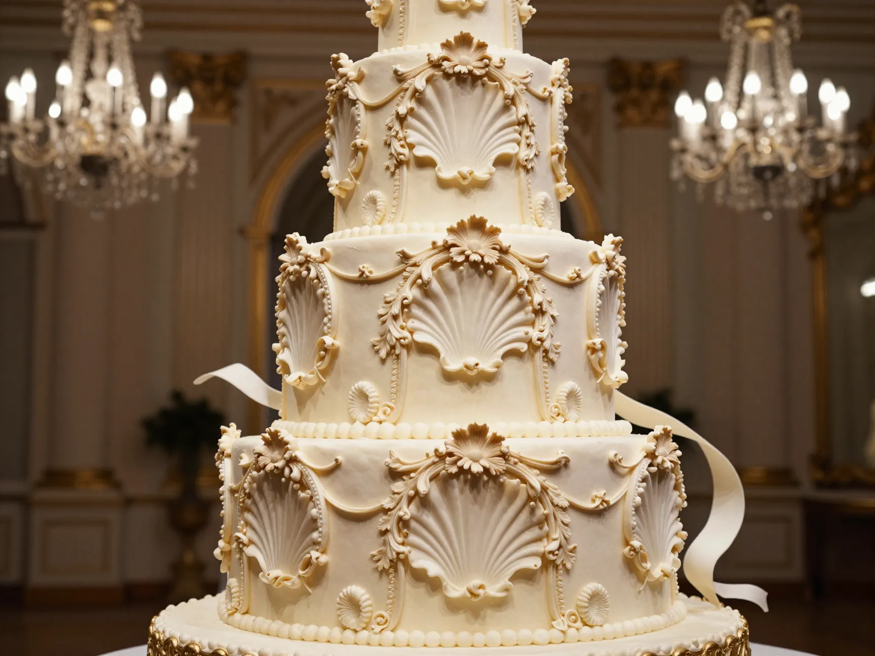 Rococo sculptural wedding cake with shell motifs and champagne finish