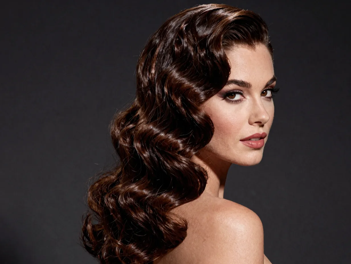 Voluminous structured hollywood waves with glossy side part