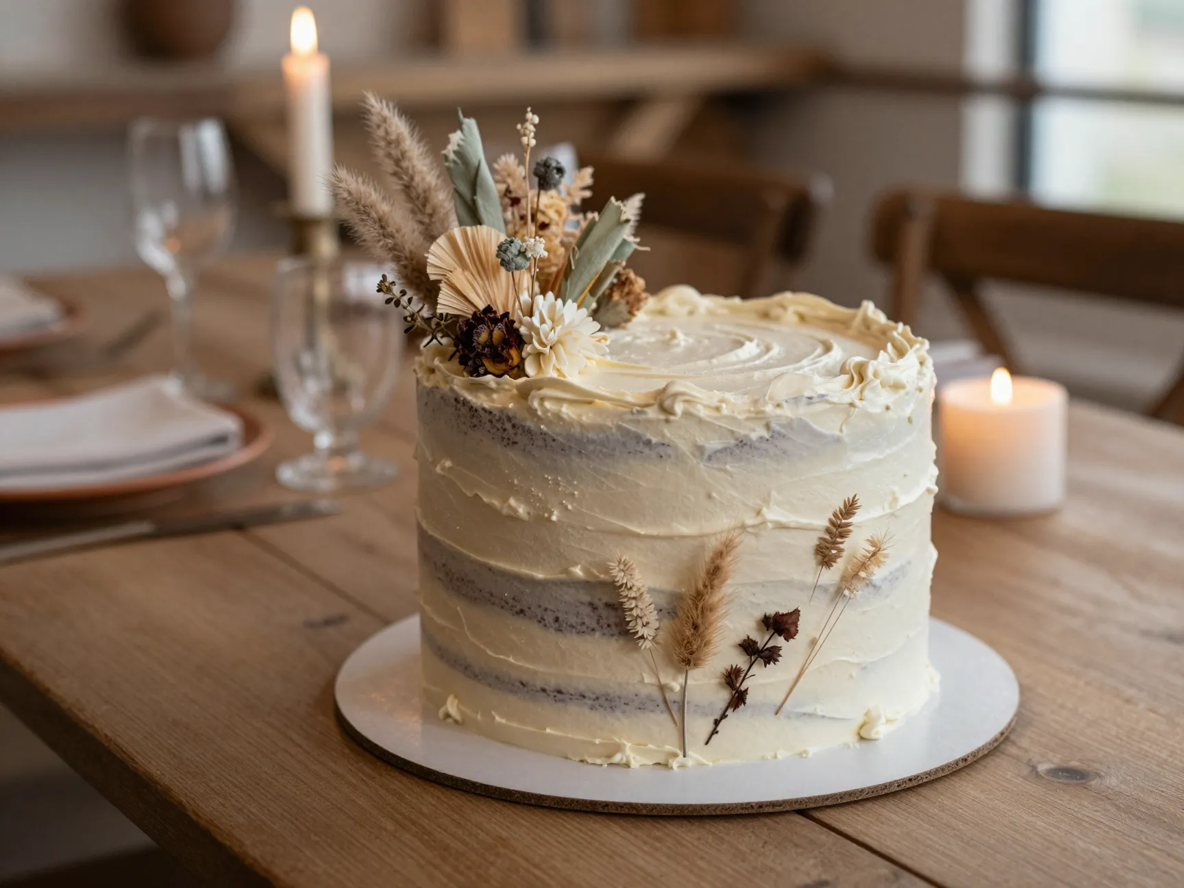 Earthy neutral textured buttercream cake with dried florals
