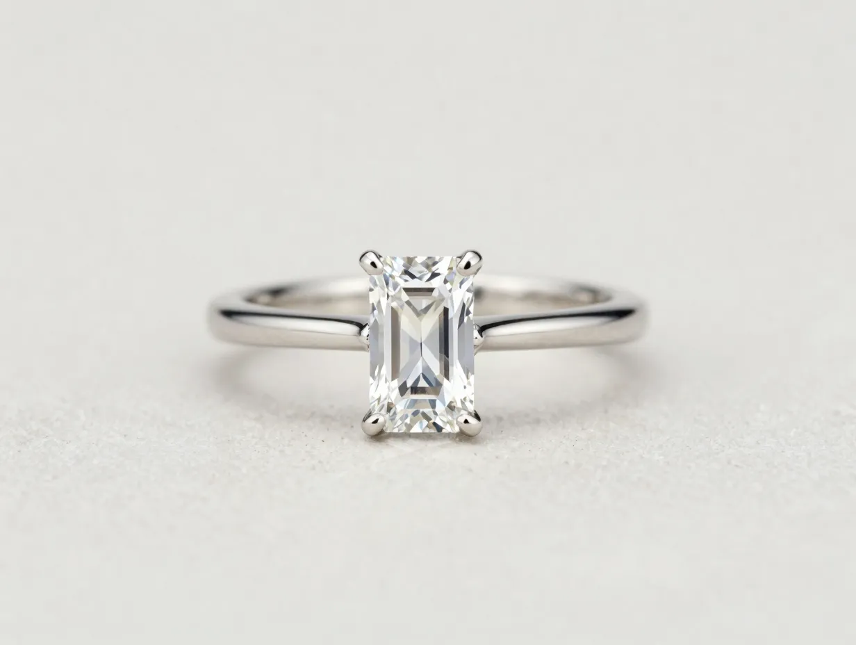 Emerald cut diamond solitaire ring minimalist flat lay