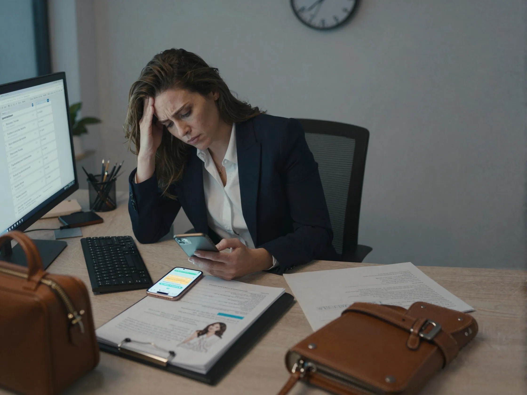 Exhausted professional woman at her office desk surrounded by wedding planning chaos