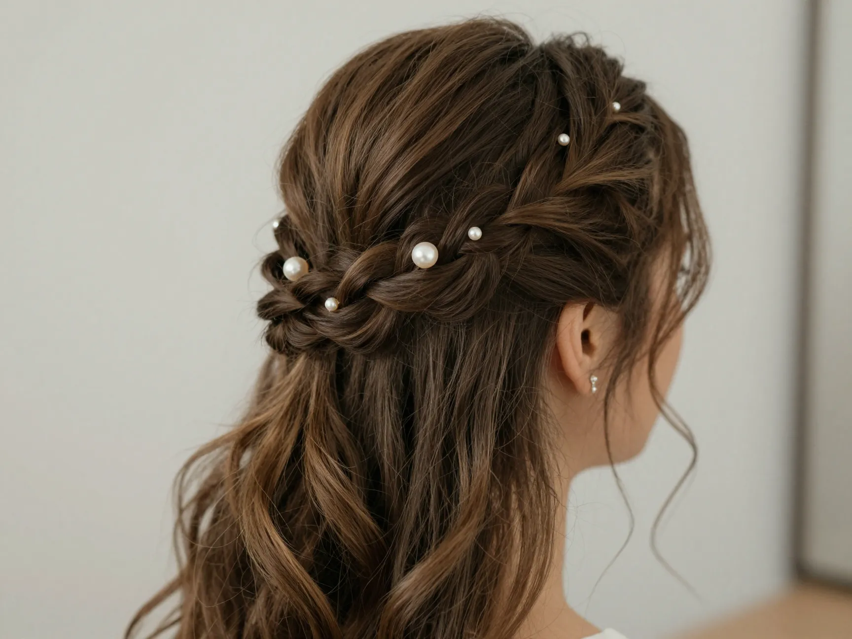 Half up half down hairstyle with hidden braid and pearl pins
