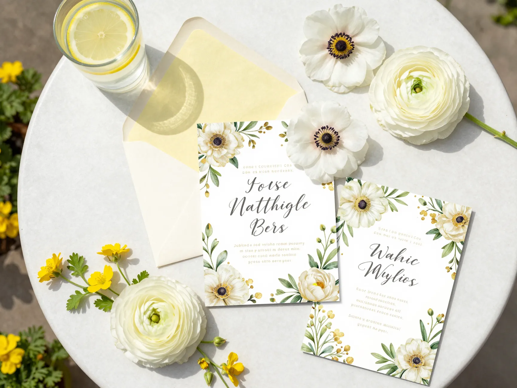 Pale lemon and white floral invitation with gold foil accents