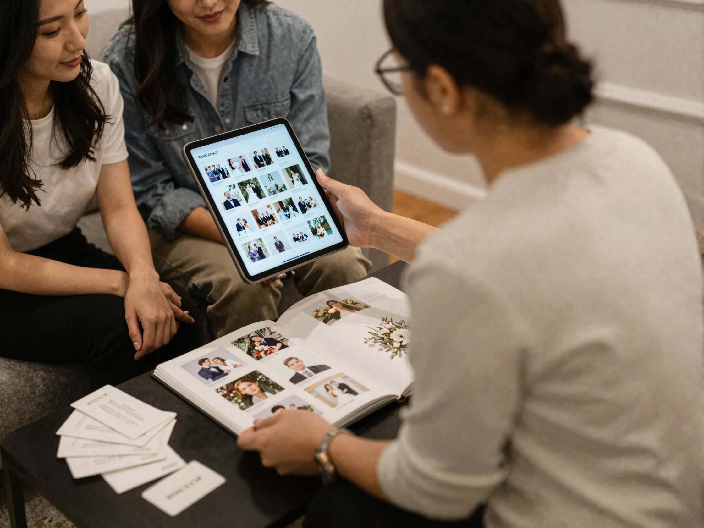 Wedding planner presenting curated portfolio of pre vetted vendor options to couple