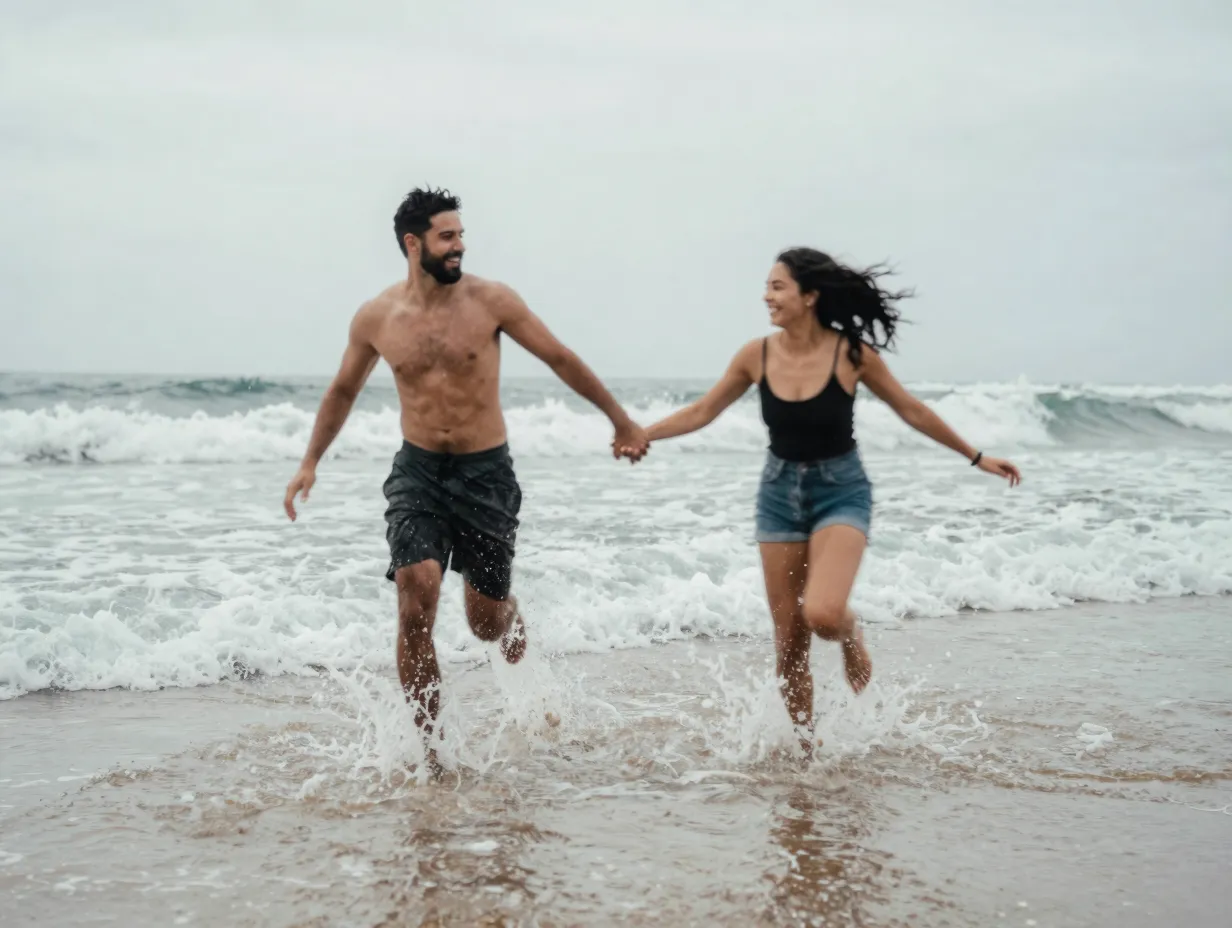 Blurred action shot of couple running through surf at shoreline