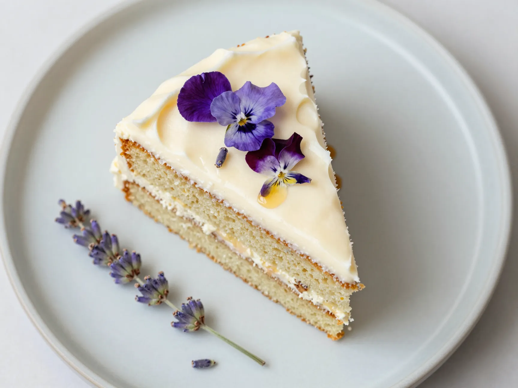 Lavender honey botanical flavor cake slice with floral garnish