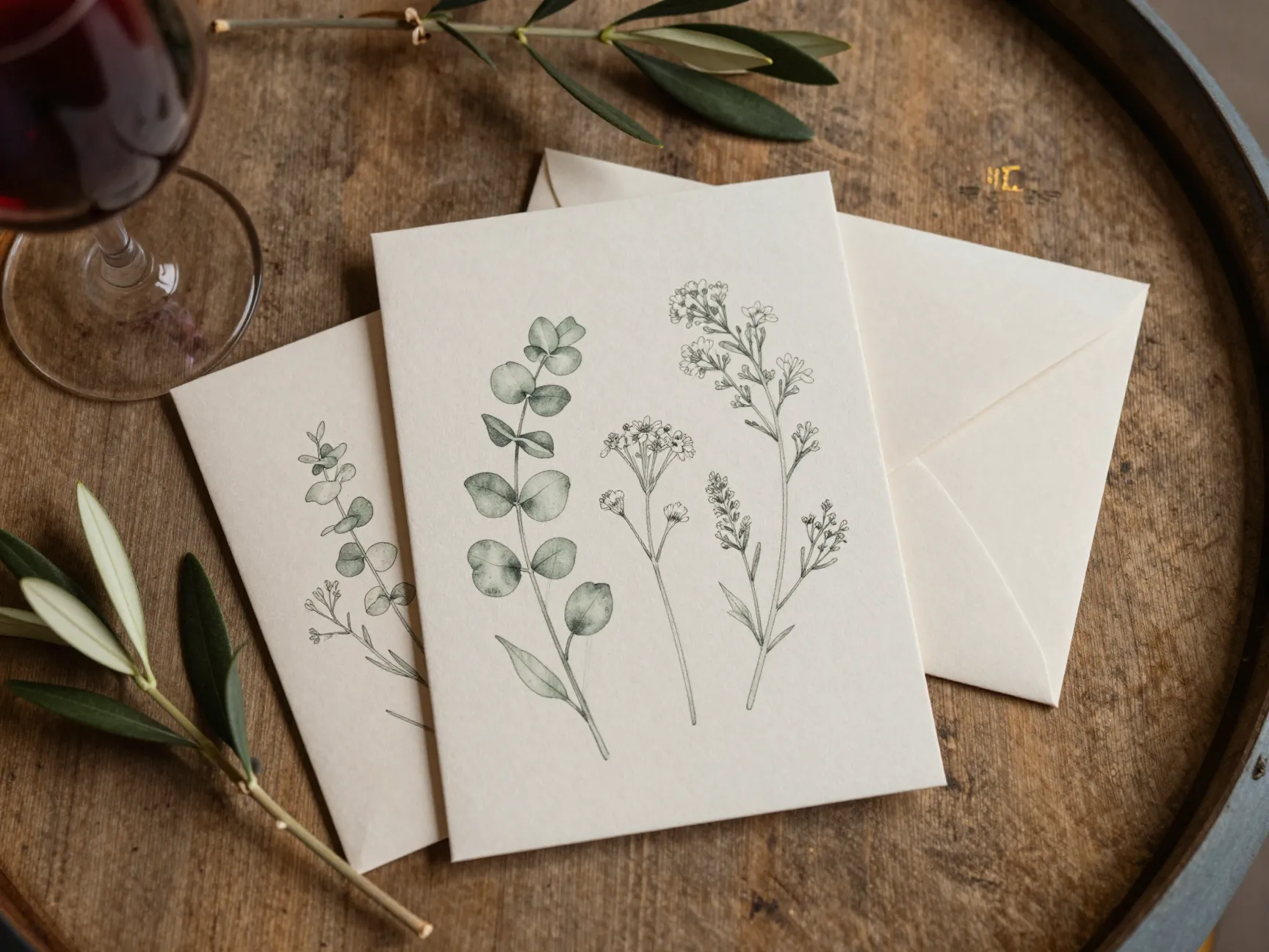 Neutral invitation with fine line botanical herbs in muted sage ink