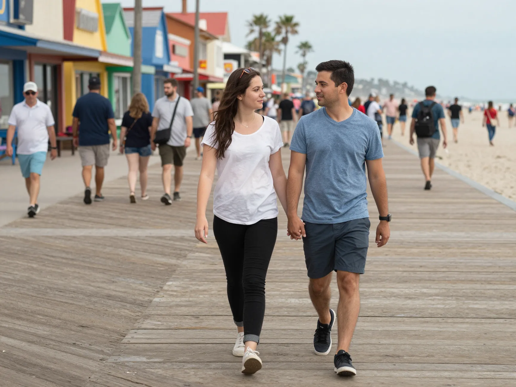 Candid documentary moment of couple walking on busy boardwalk