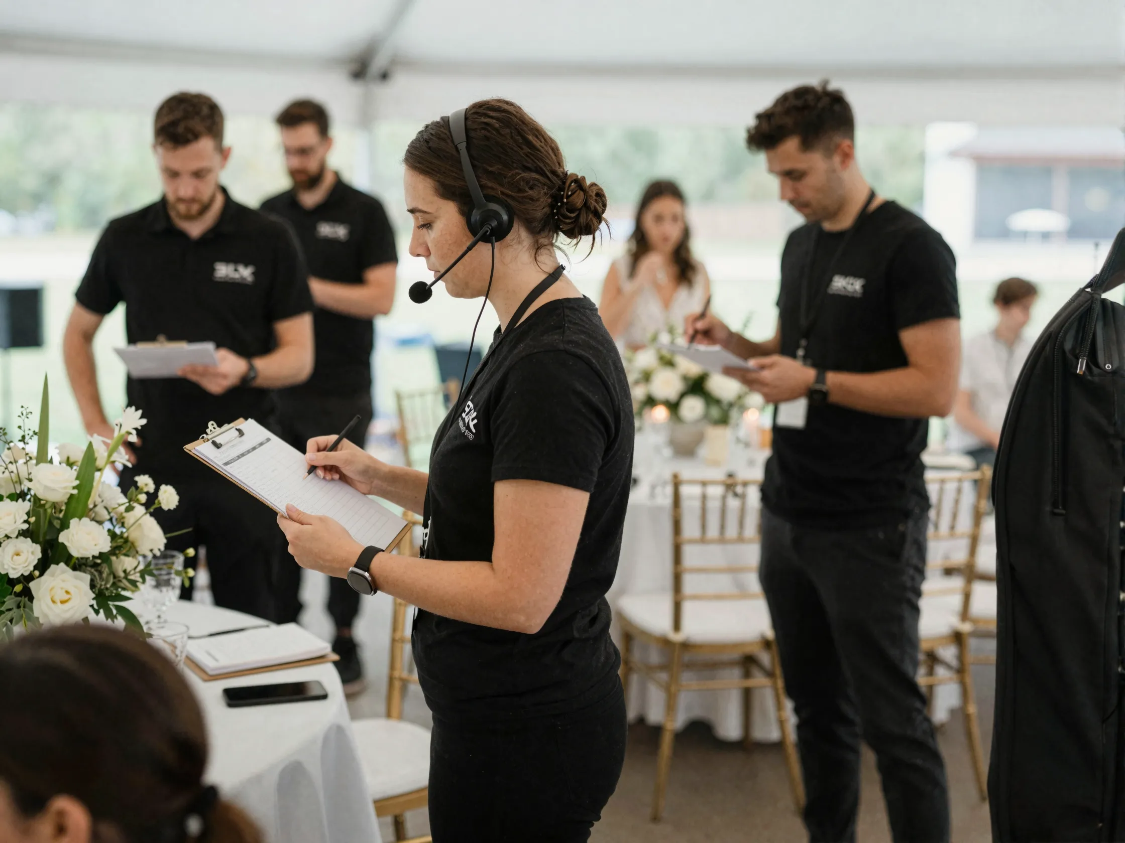 Day of wedding coordinator with headset managing vendor setup at venue