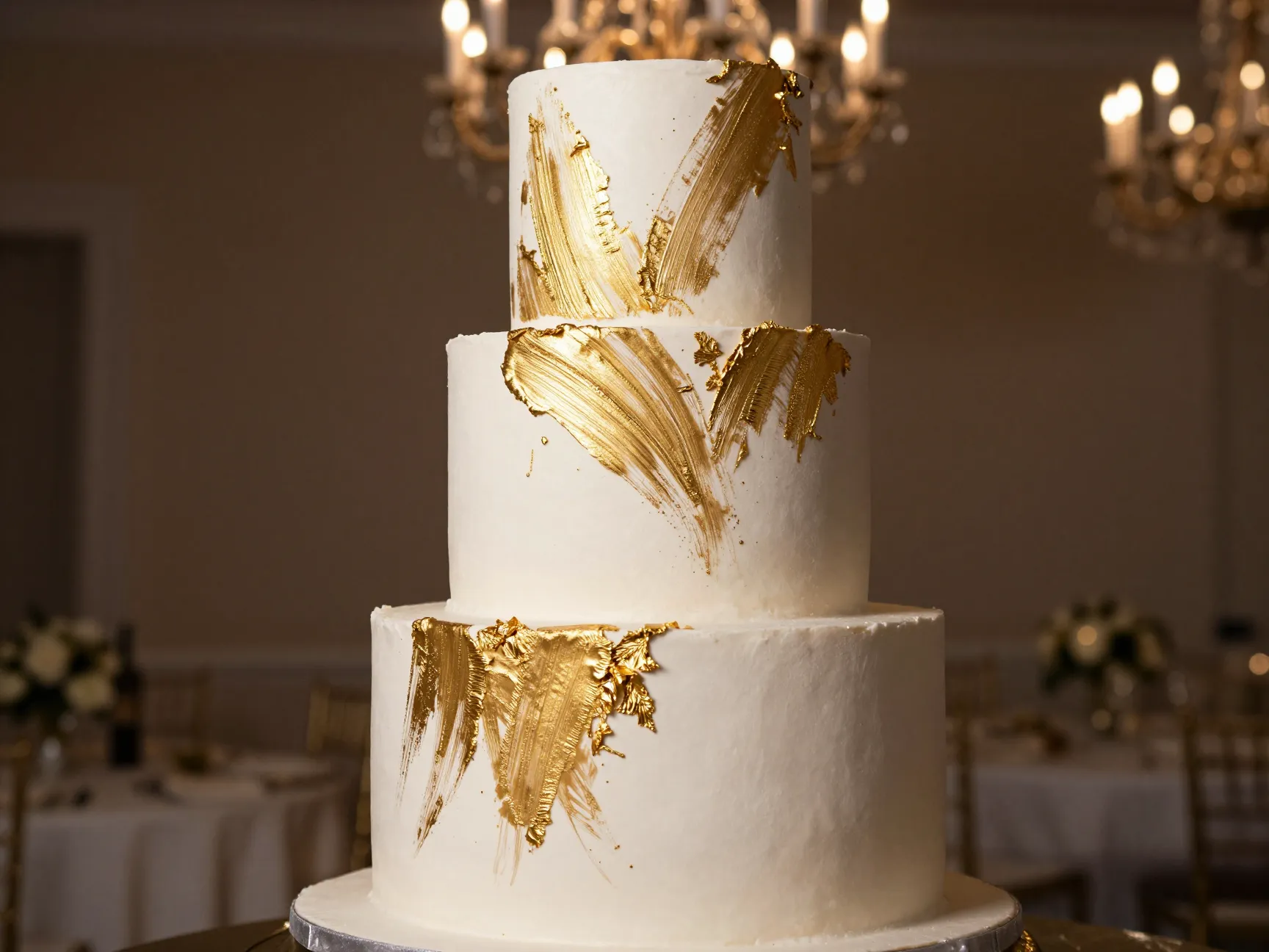 Luxe metallic accent cake with gold leaf brushstrokes