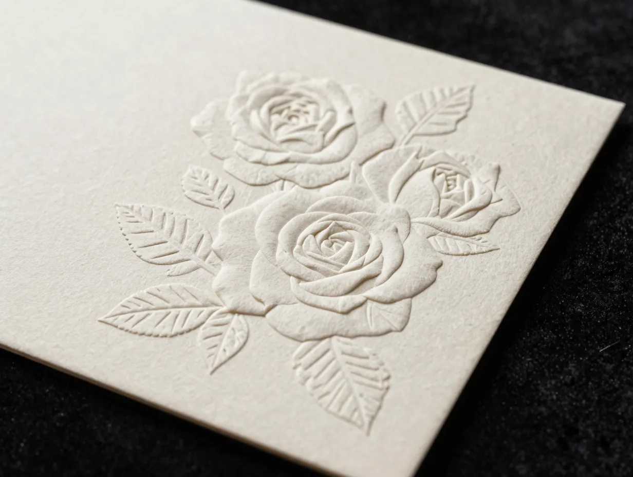 Sculpted blind embossed floral invitation on thick luxury card stock