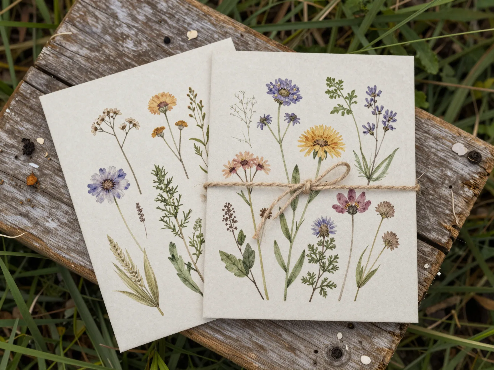 Asymmetric floral invitation on recycled seed paper with mixed botanicals