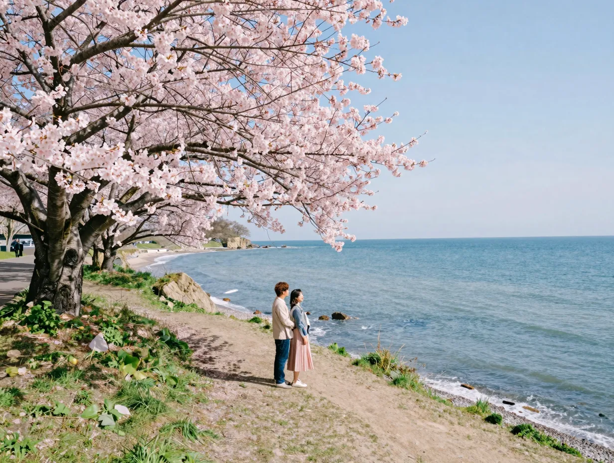 Couple under cherry blossom trees overlooking ocean coastline