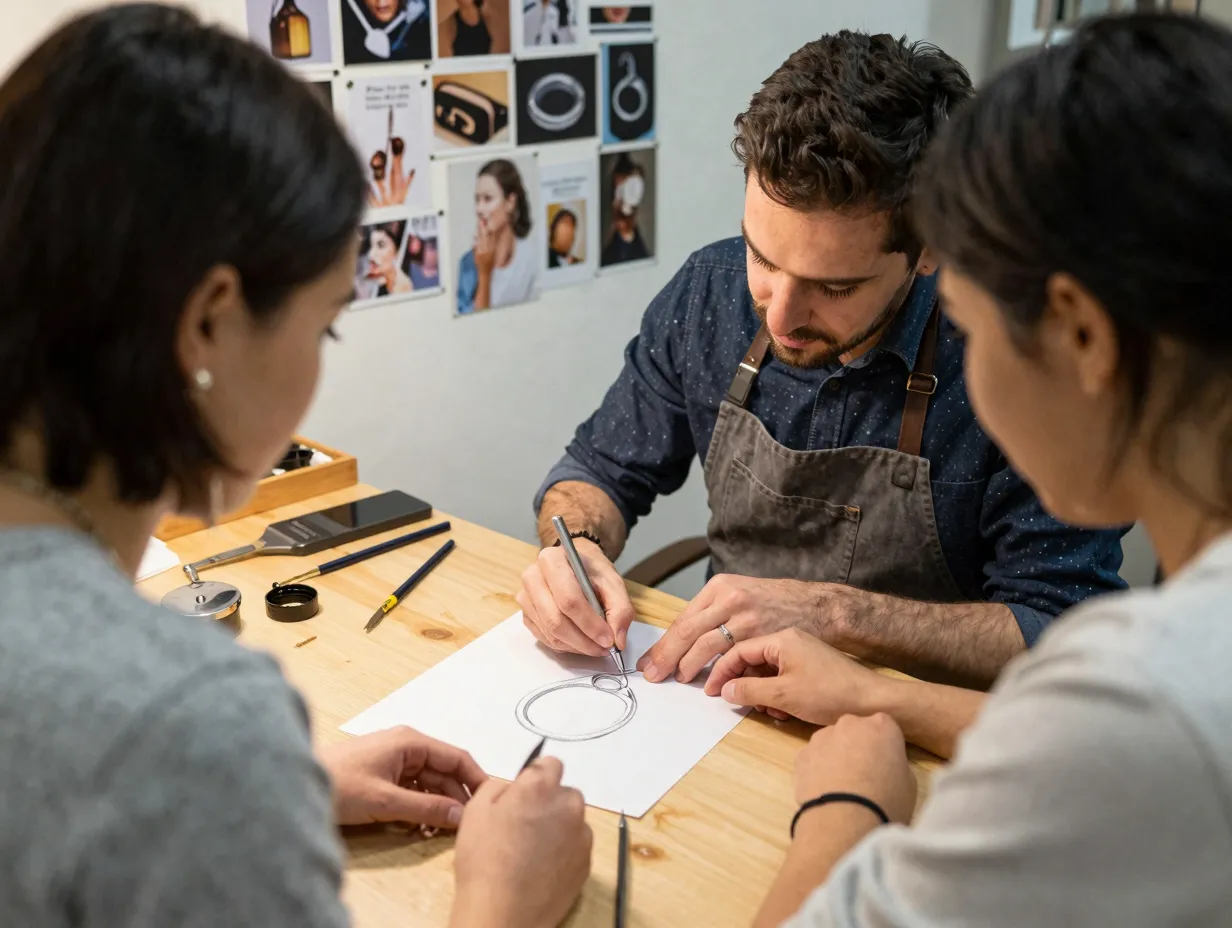 Custom ring design jeweler client sketch consultation workshop