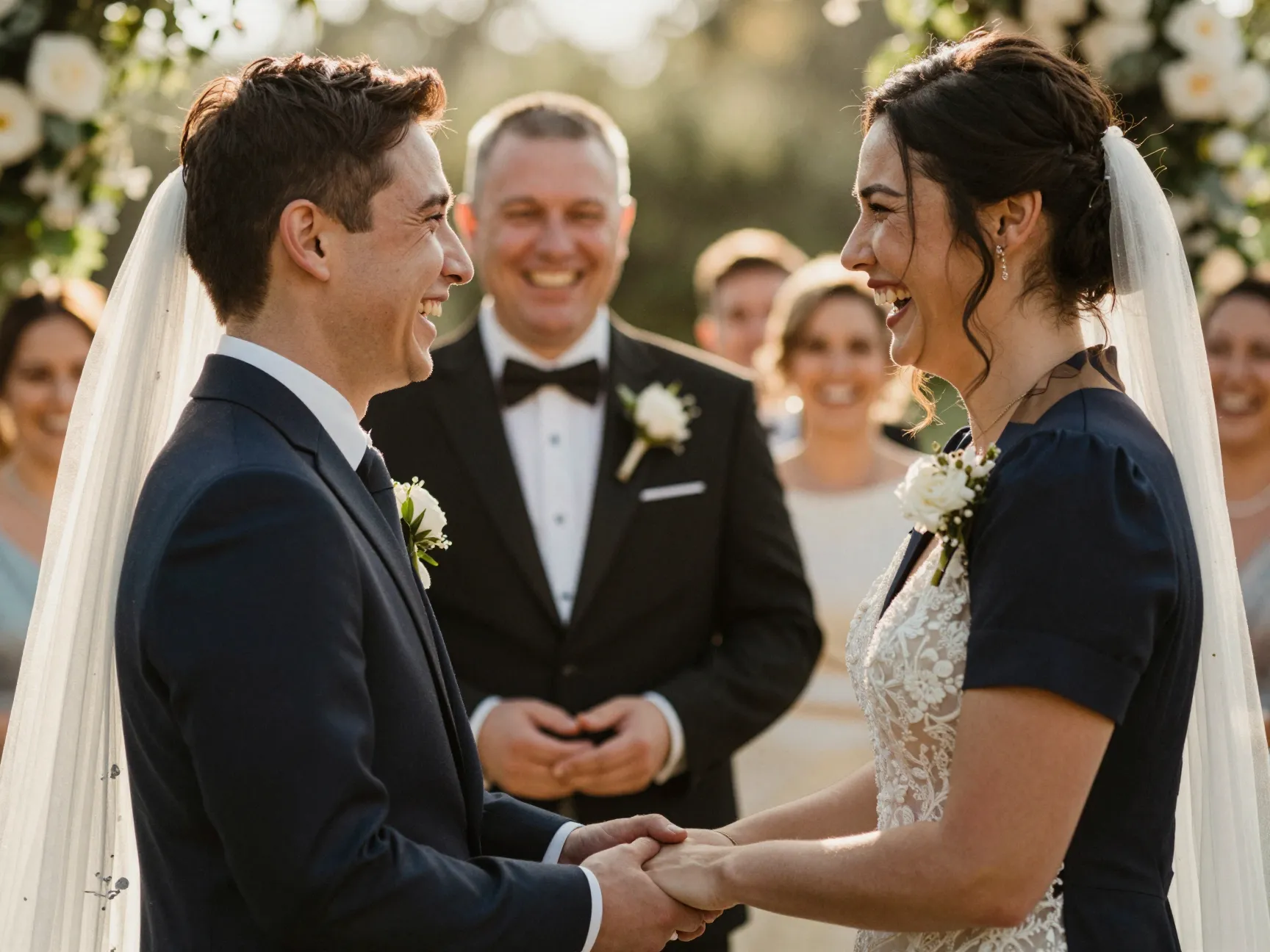 Joyful carefree bride and groom laughing together during their wedding ceremony