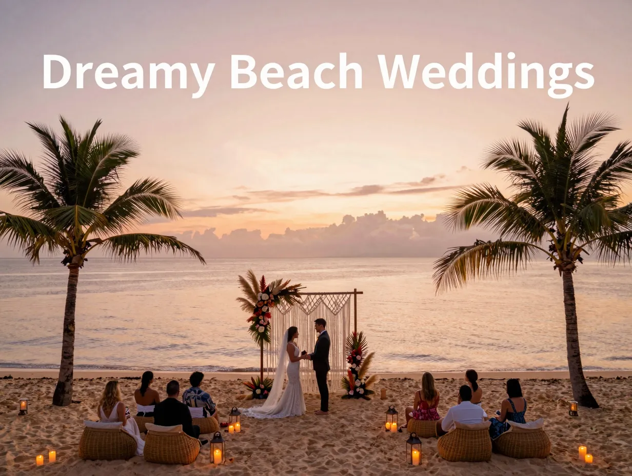 Barefoot couple macrame arch sunset beach candle lanterns palm trees