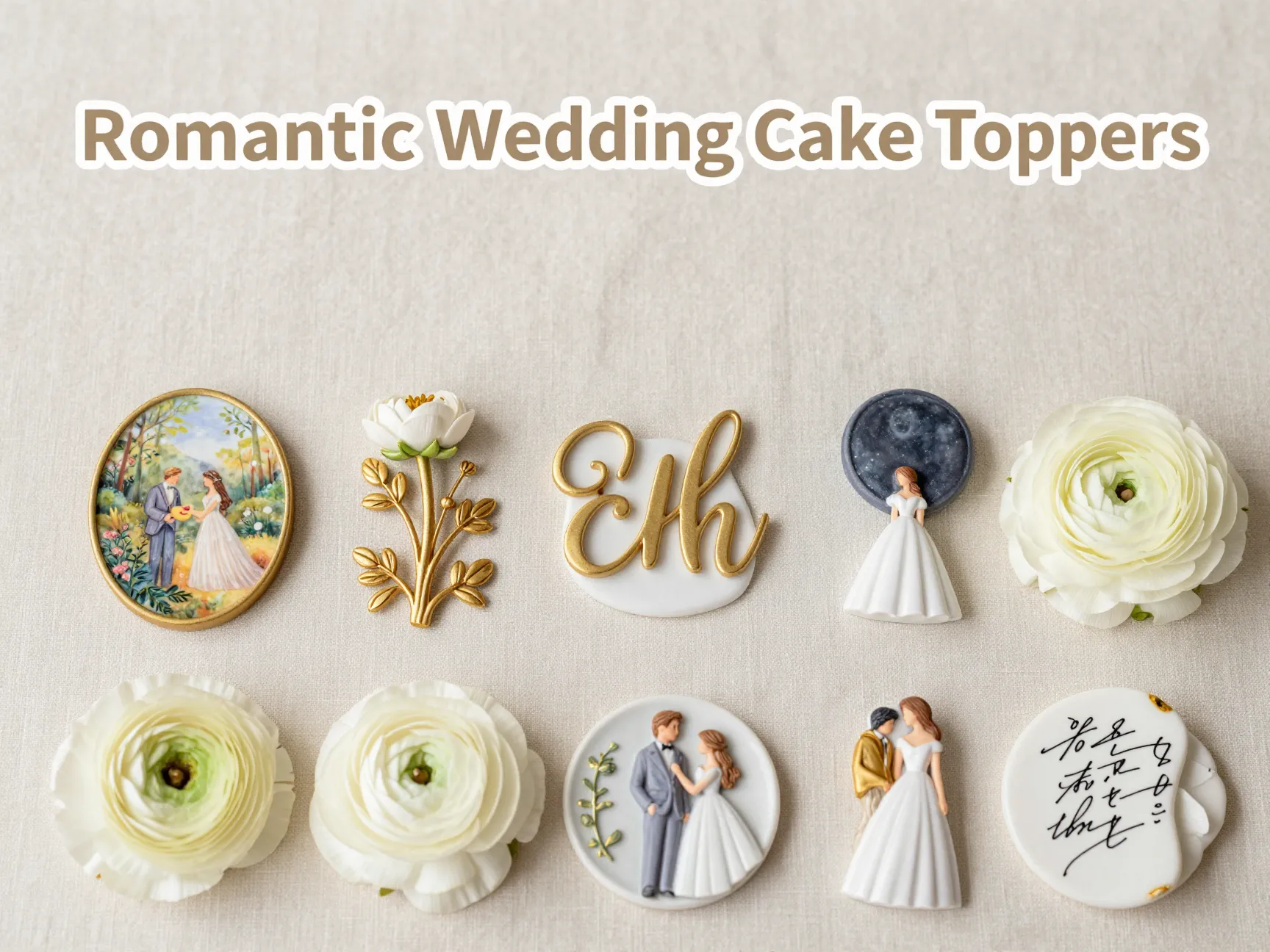 Nine romantic wedding cake topper ideas flat lay display