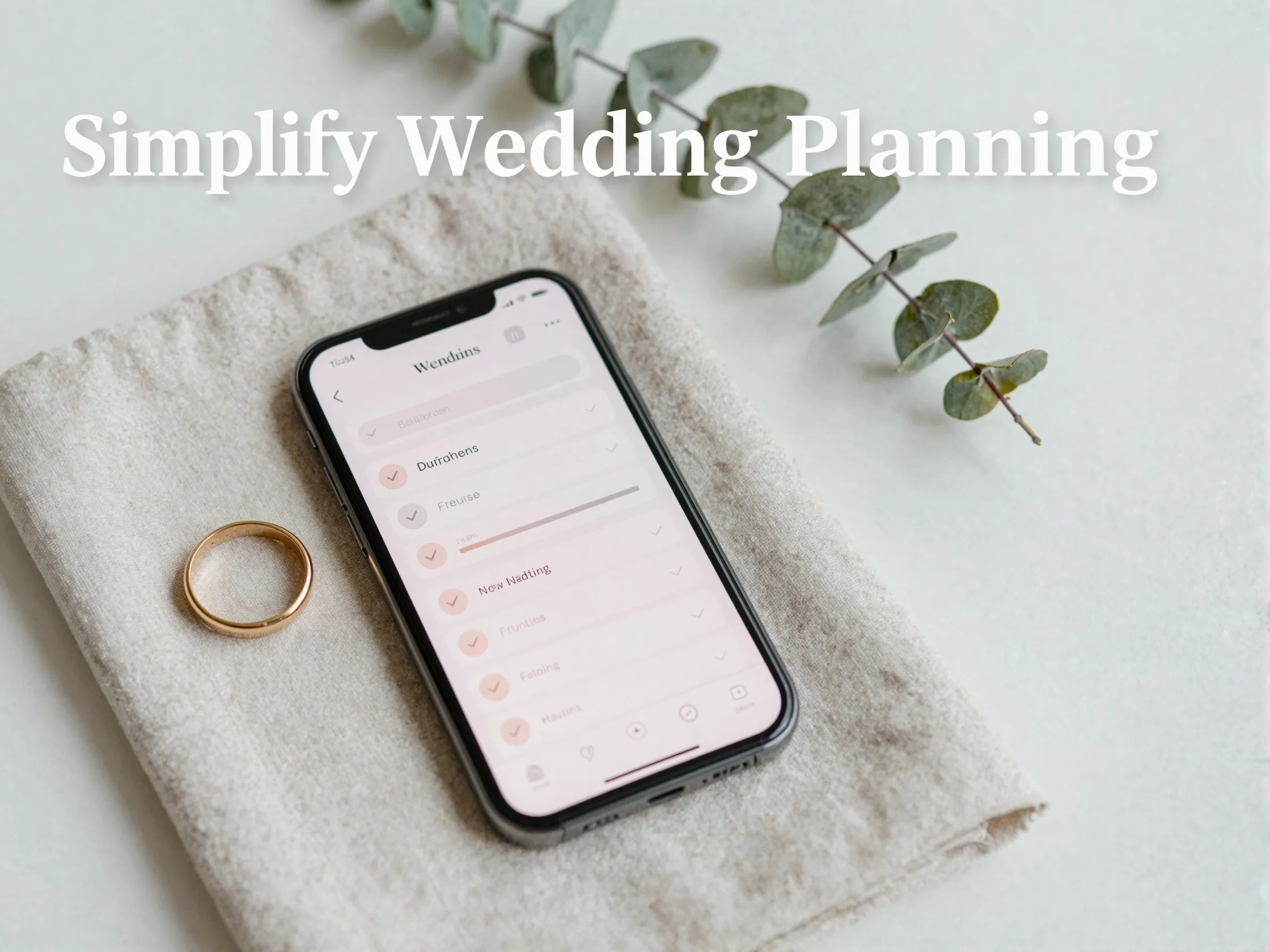 Smartphone wedding app dashboard gold ring eucalyptus linen flatlay