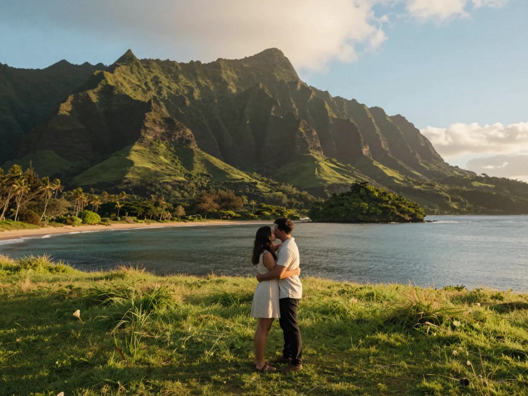 An engaged couple embraces before the kualoa mountain range coastline