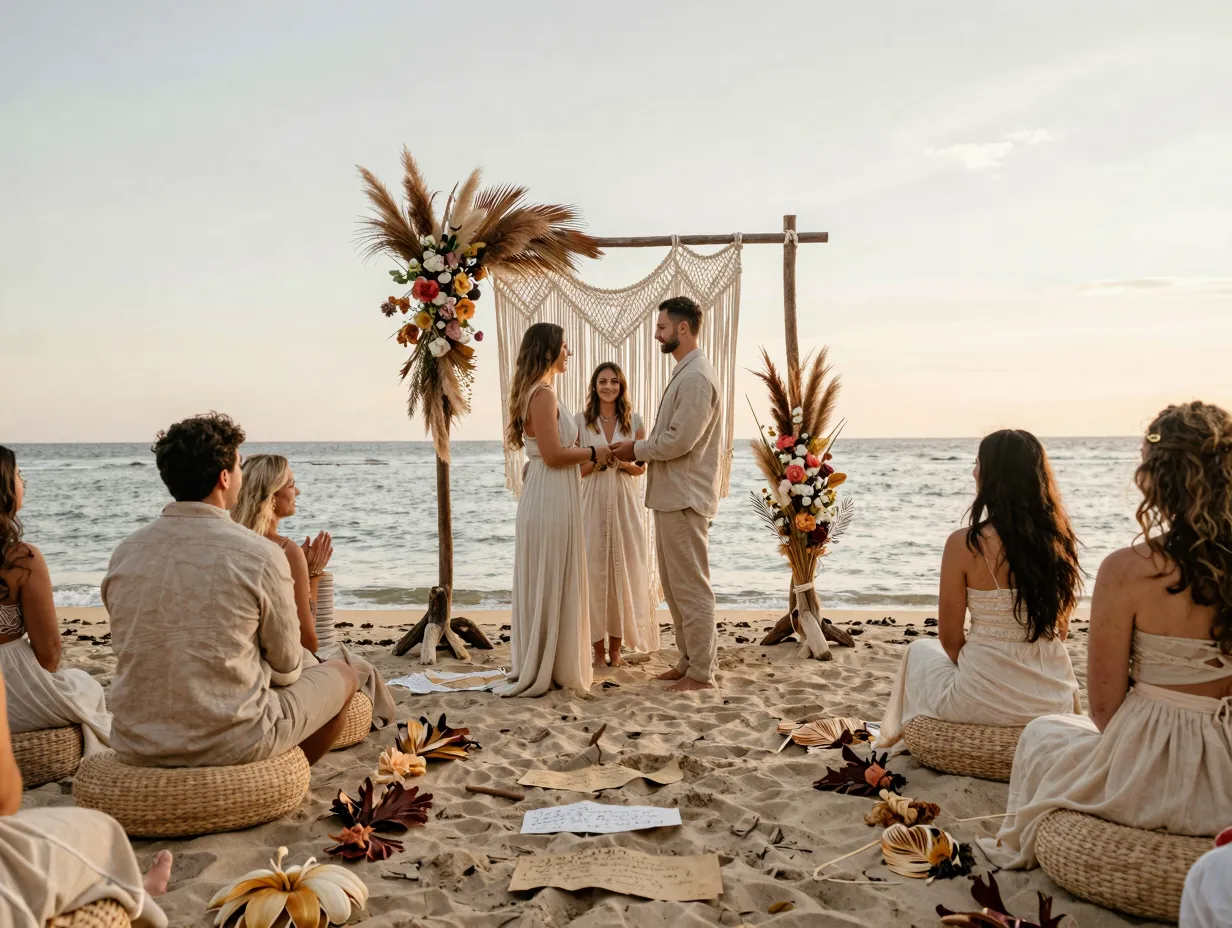Barefoot boho beach wedding ceremony with macrame arch and linen attire