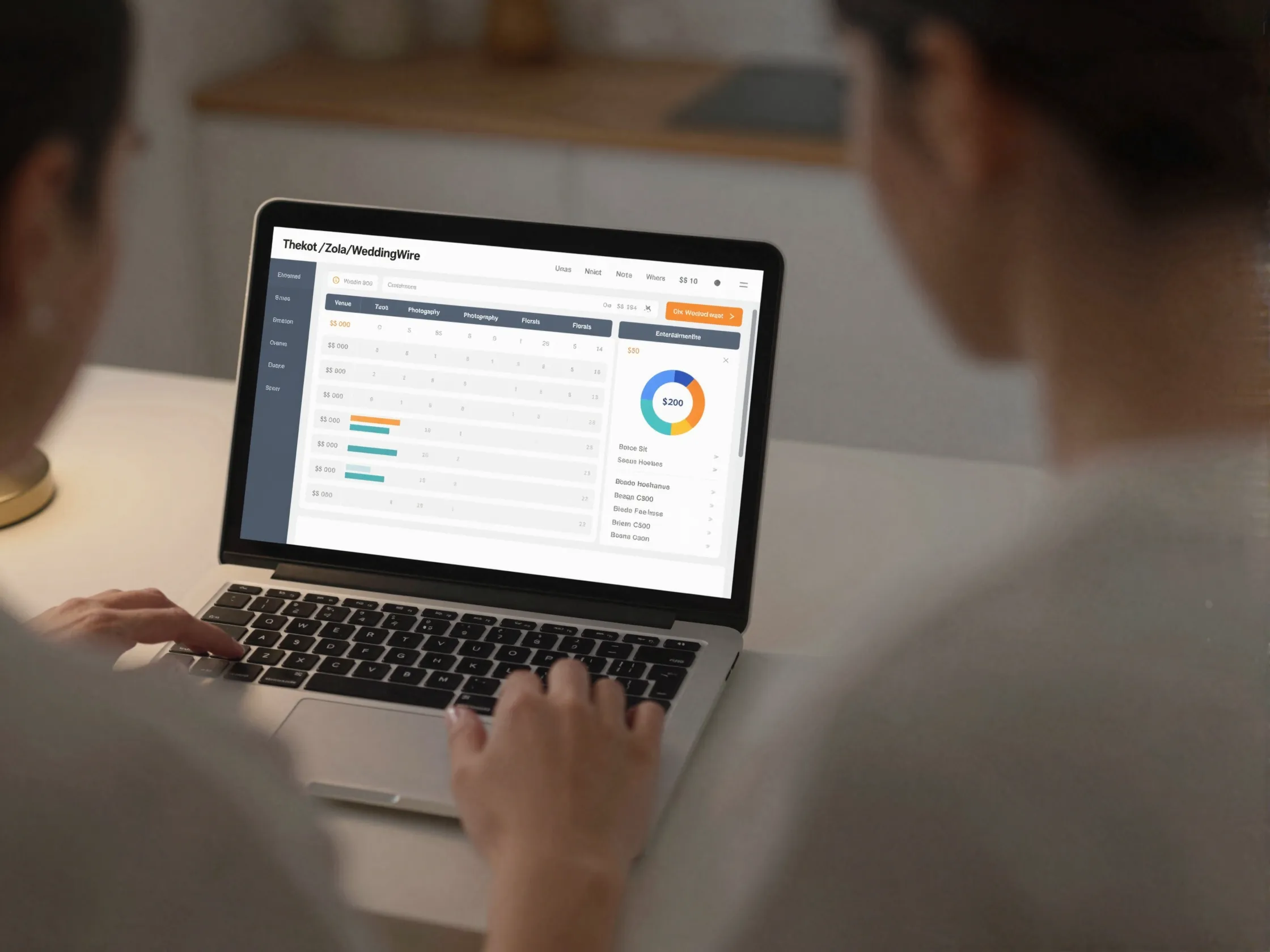 Bride groom reviewing wedding budget with laptop wedding planning platform interface