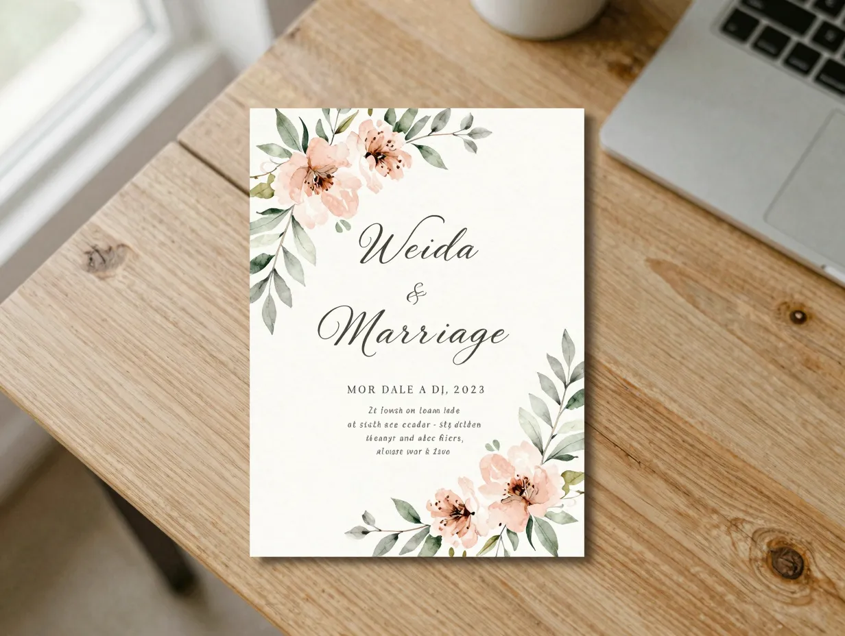 Classic floral watercolor marriage invitation template on a wooden table