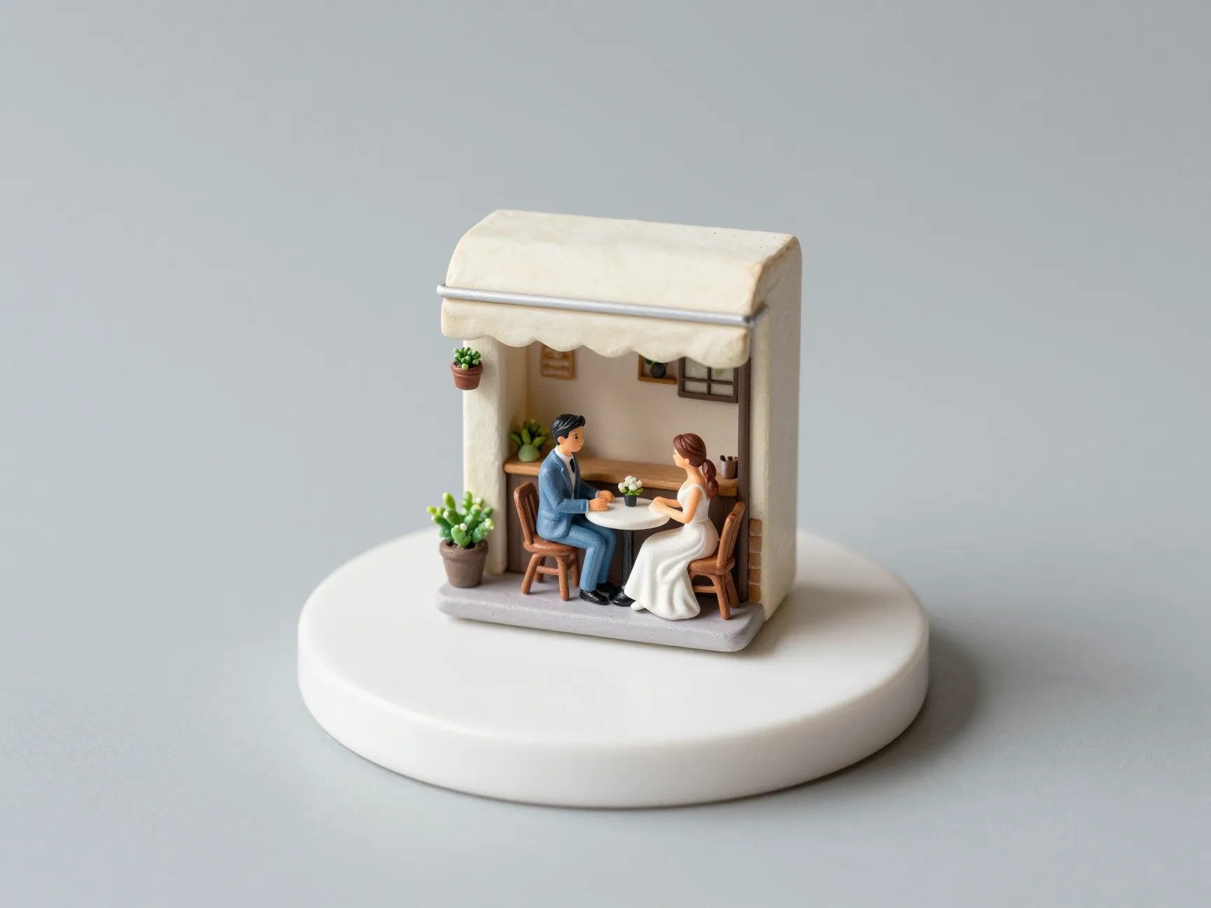 Custom hand painted story miniature cafe couple cake topper