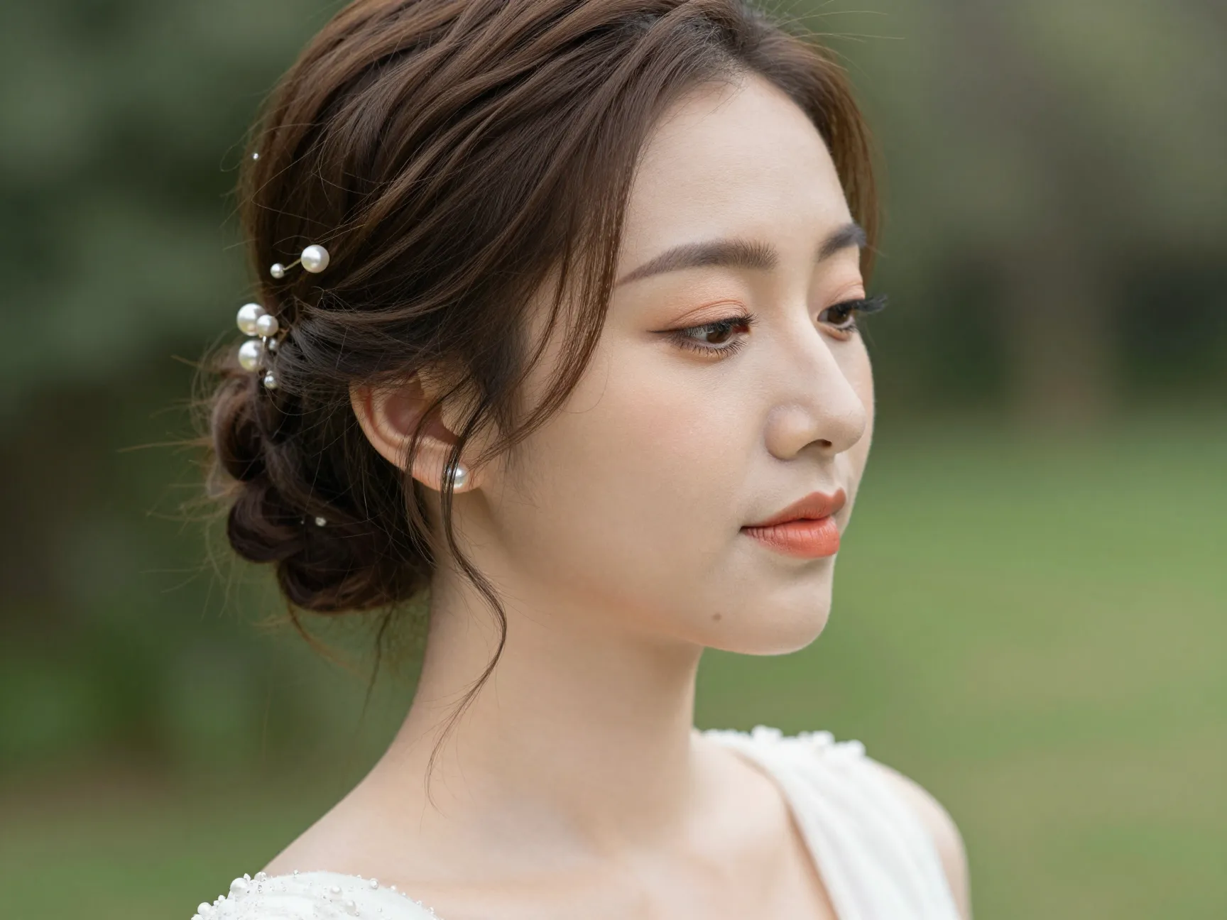 Romantic updo soft glam makeup garden wedding setting