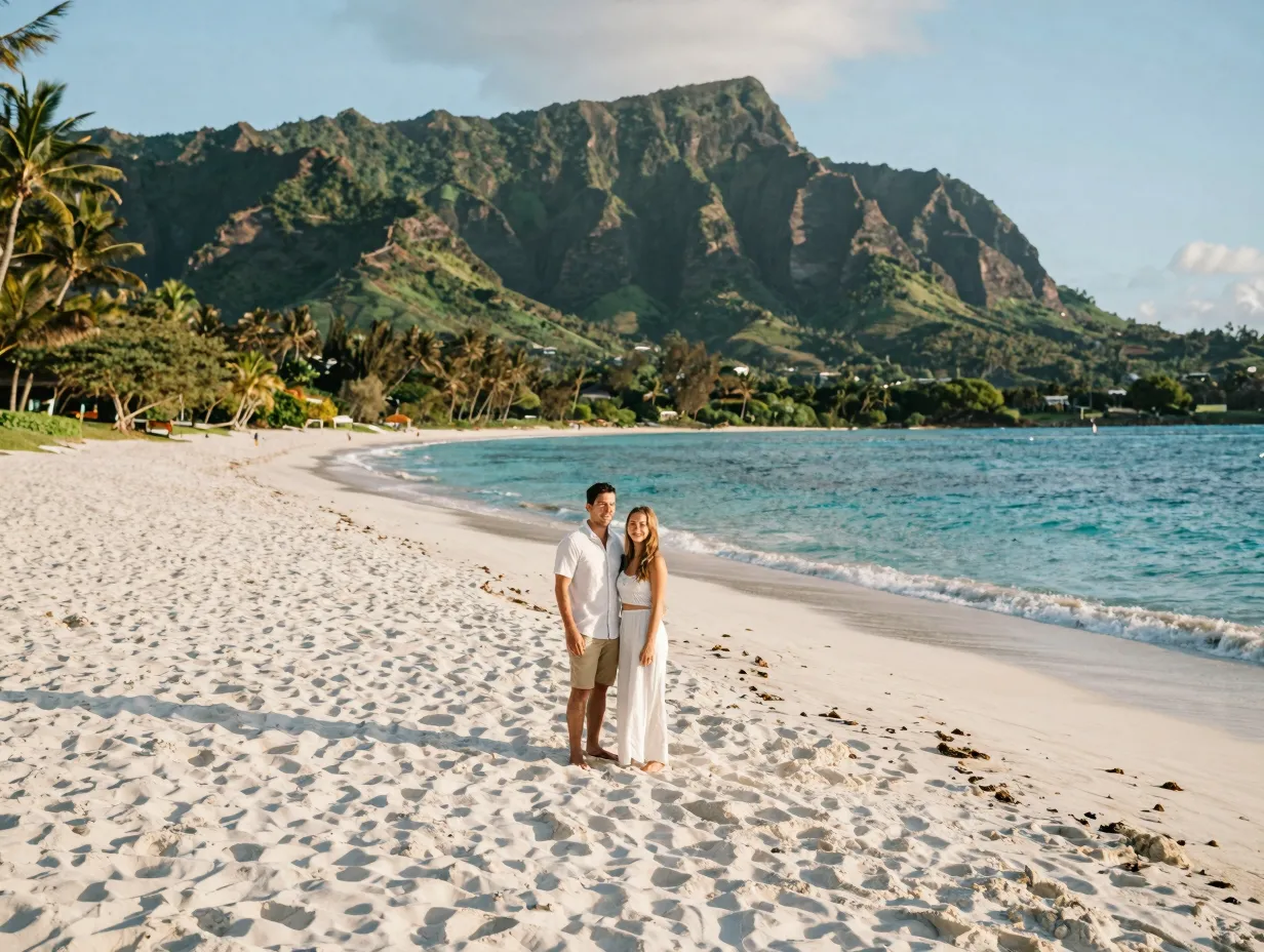 A couple poses on the expansive white sand of waimanalo beach