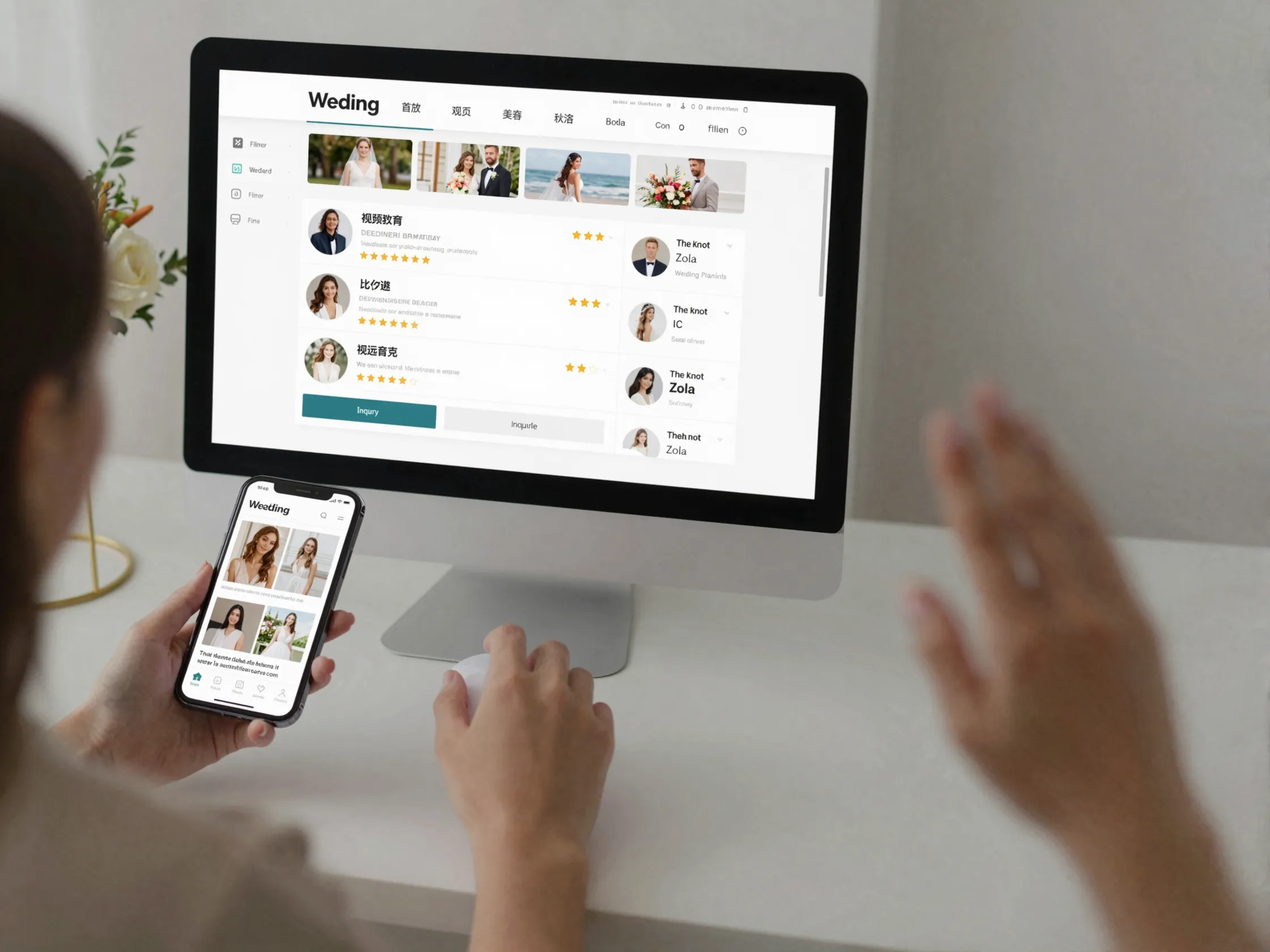 Bride browsing online vendor directory wedding planning platform interface desktop smartphone