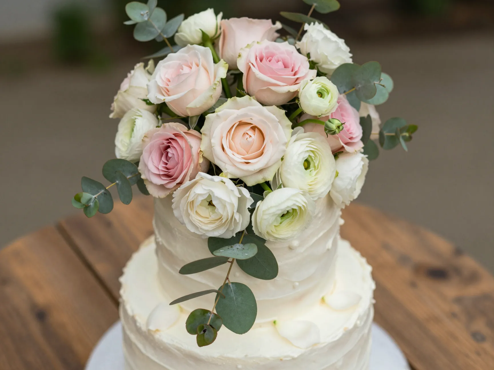 Fresh garden roses eucalyptus botanical cascade wedding cake
