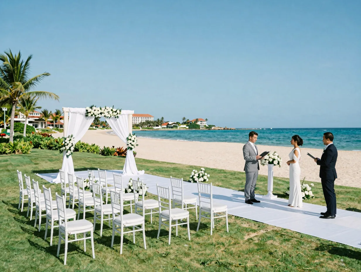 Luxurious tropical resort beachfront wedding setup with coordinator