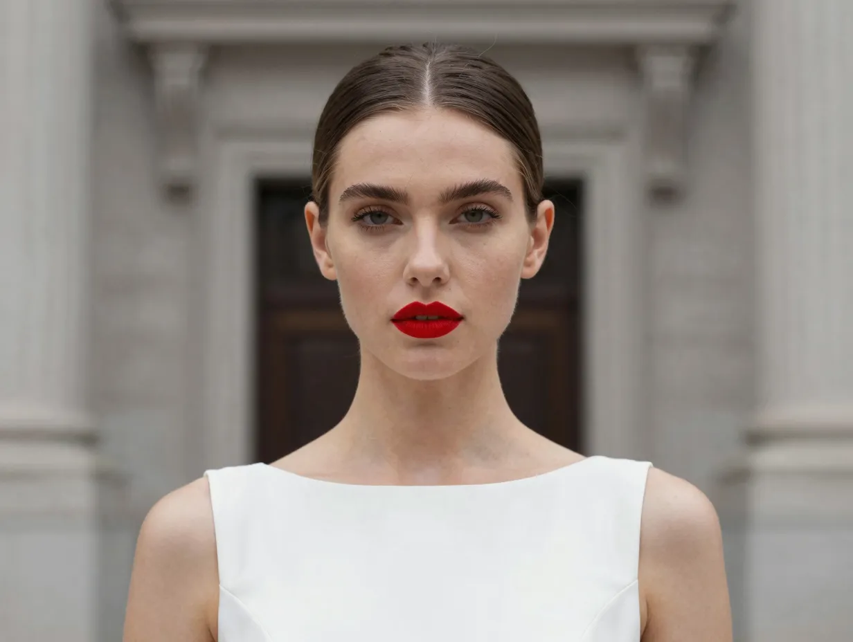 Sleek low bun bold red lip modern venue