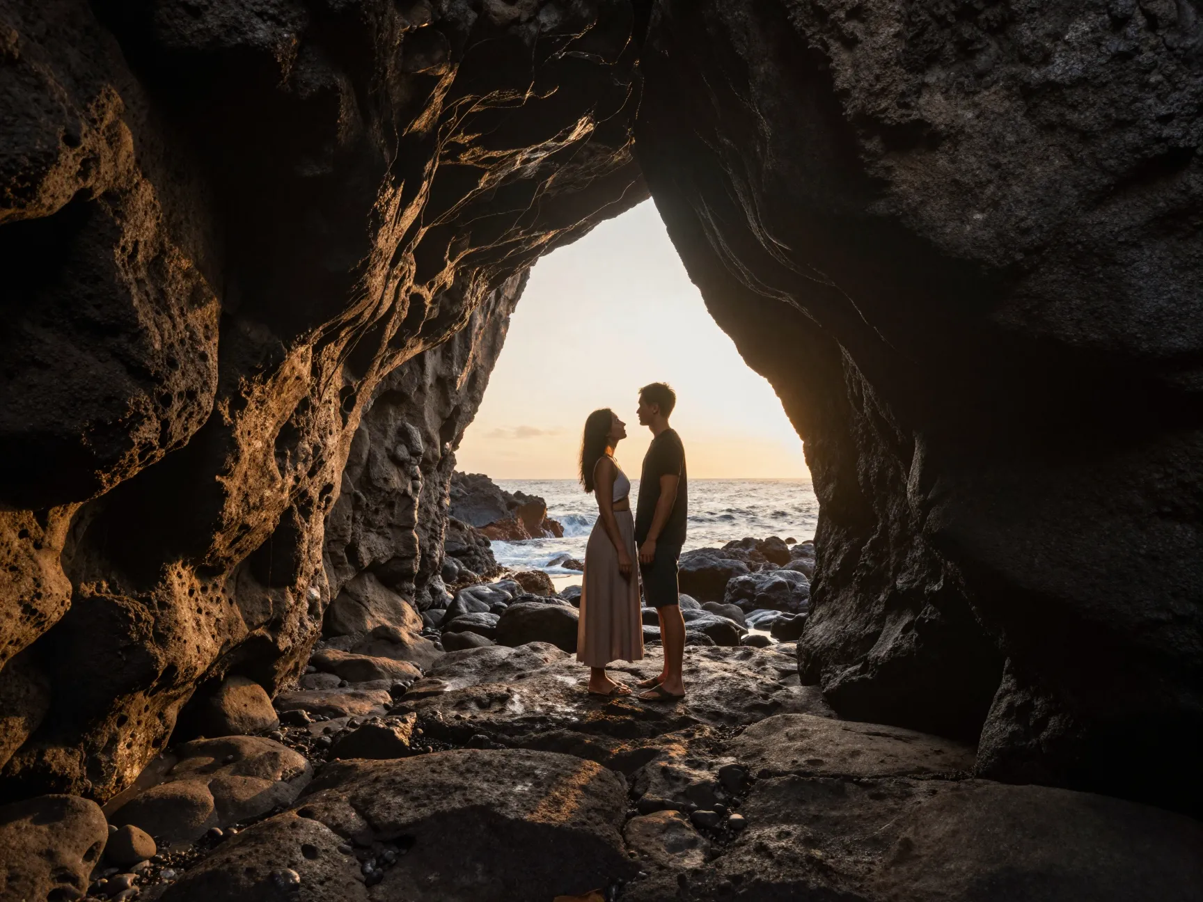 A couple stands inside the hidden sea cave of halona beach cove