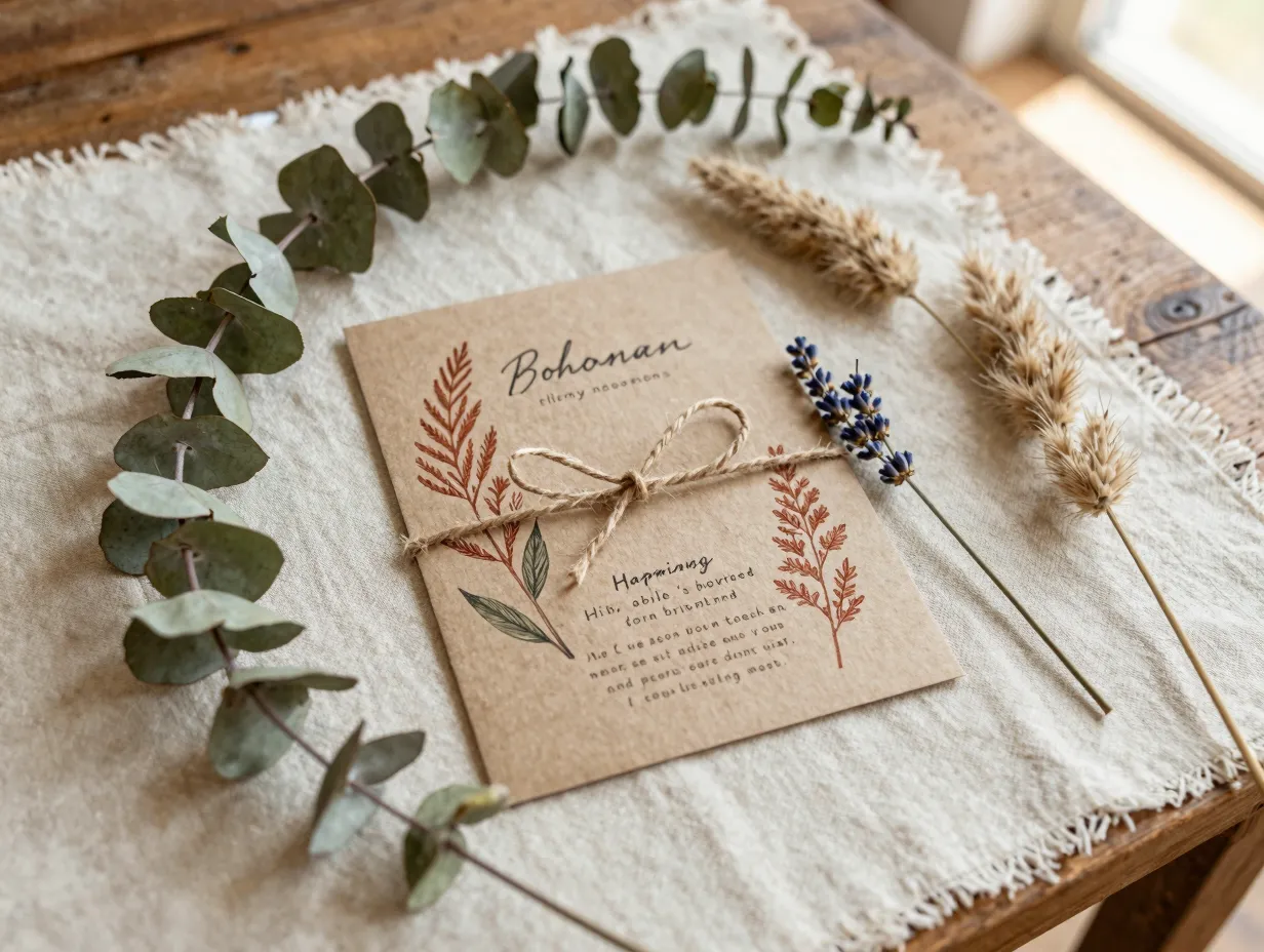 Bohemian botanical invitation with dried greenery and earthy tones
