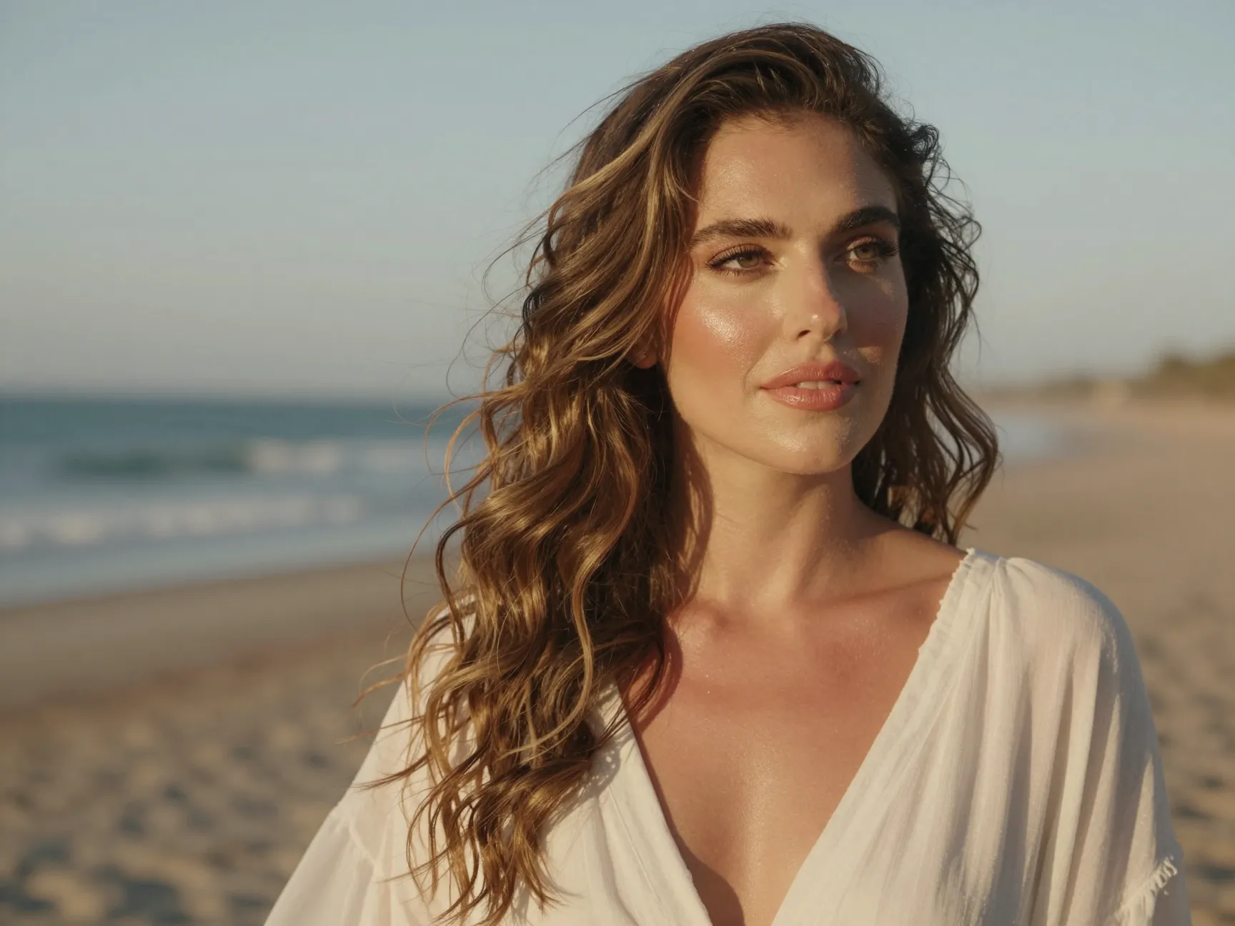 Boho waves dewy skin nude lip beach wedding