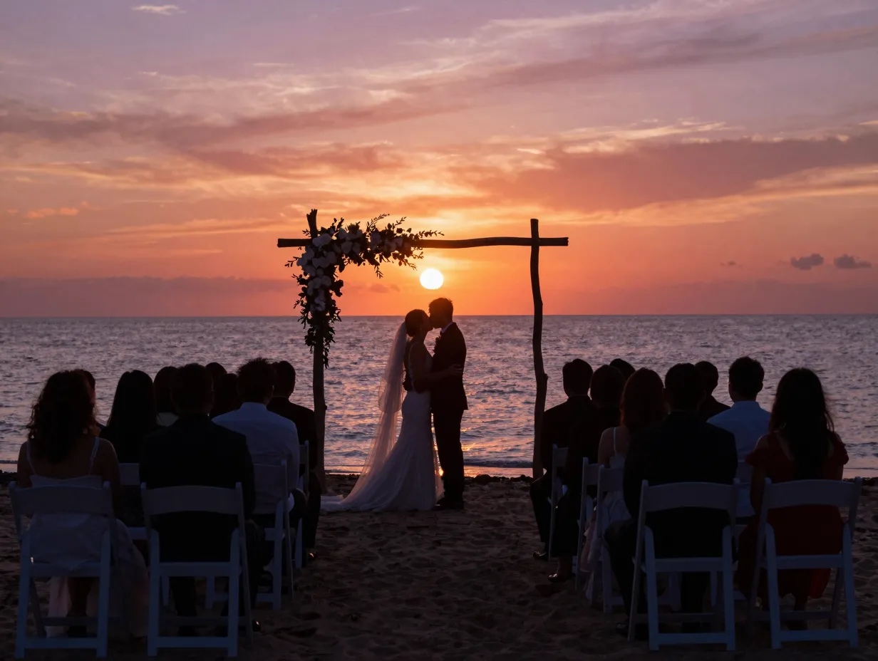 Romantic sunset beach wedding ceremony during golden hour