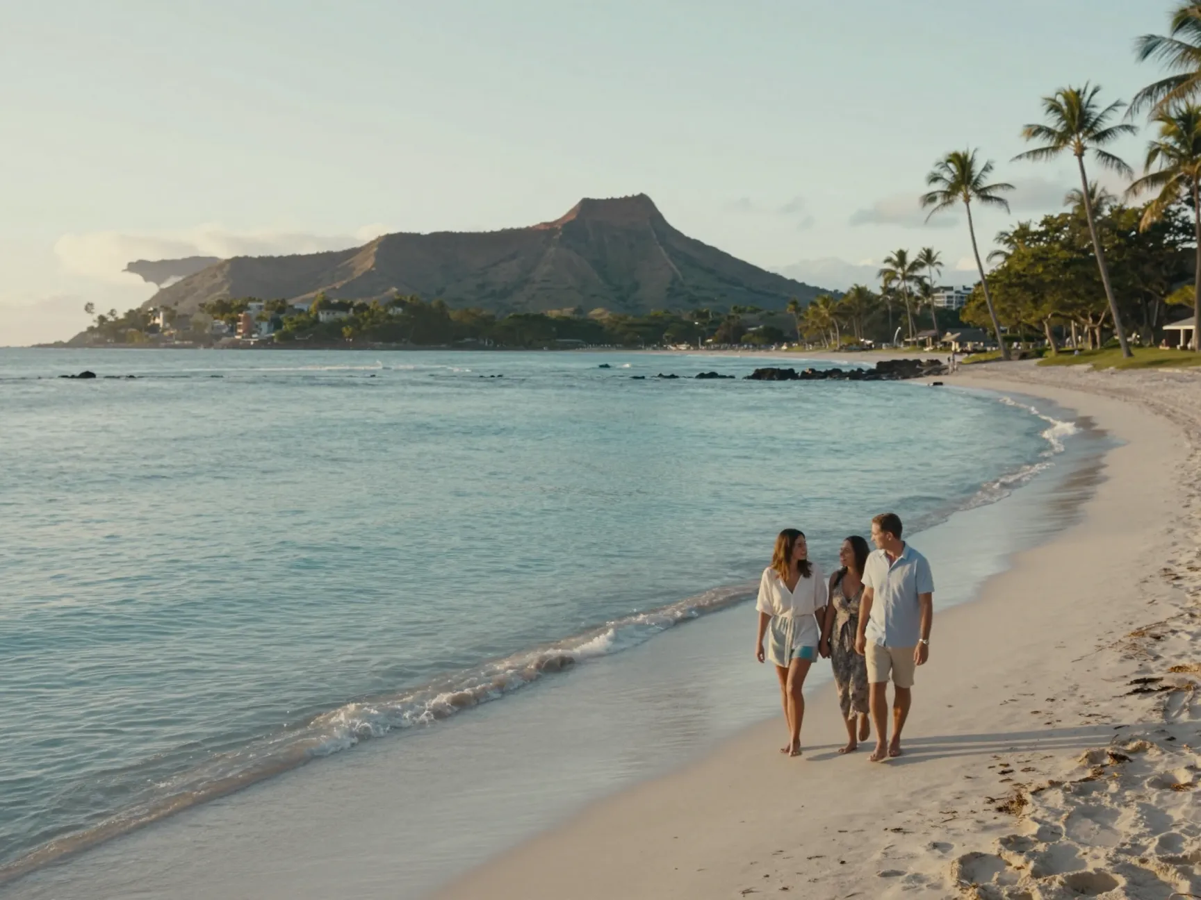 A couple strolls along the calm shoreline of waialae beach