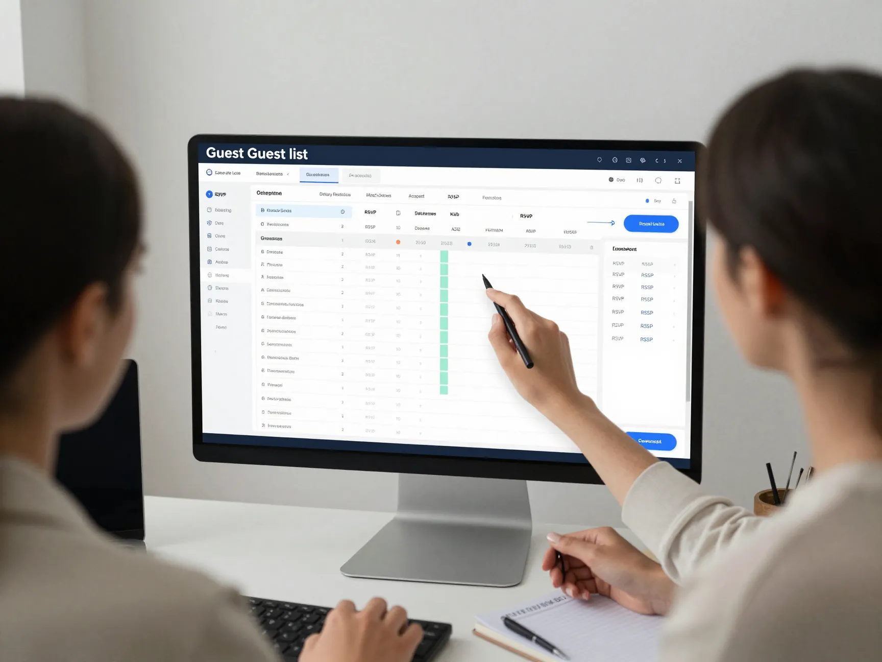 Couple managing guest list rsvps wedding planning platform desktop monitor dashboard