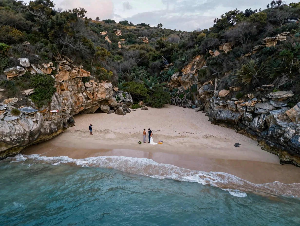 Intimate elopement ceremony on a secluded hidden cove beach
