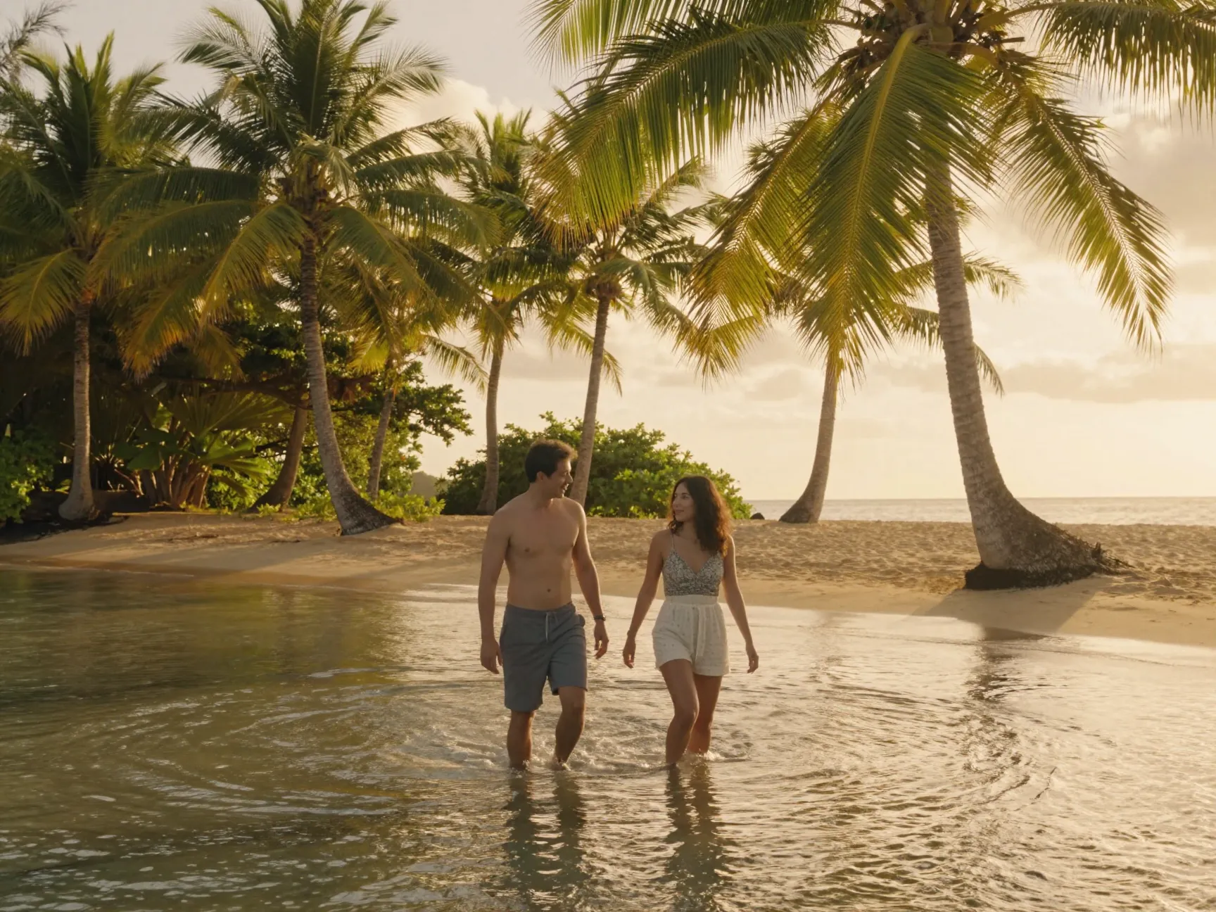A couple wades in the shallow water at dreamy paiko beach
