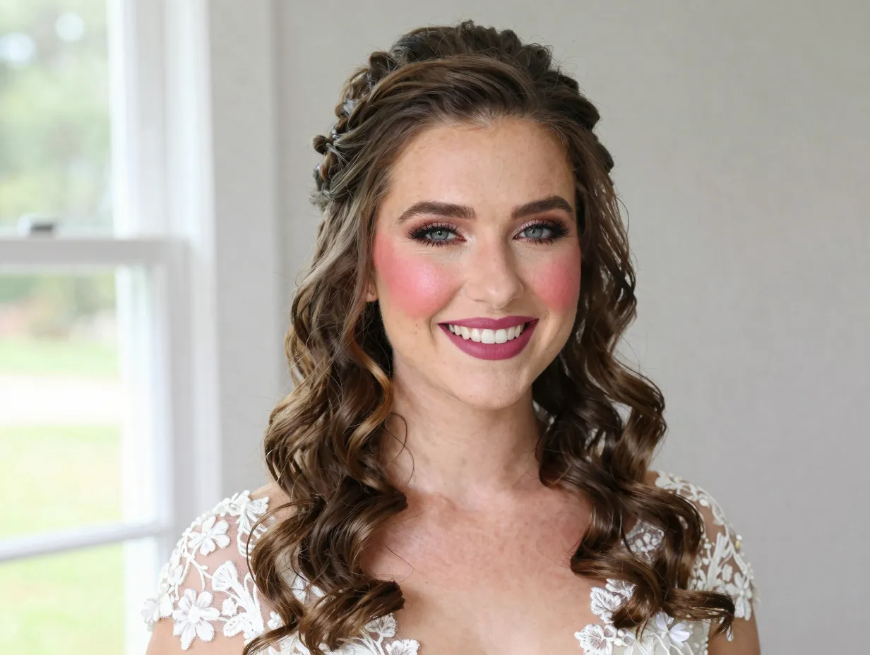 Half up hair rosy blush pink lip garden wedding